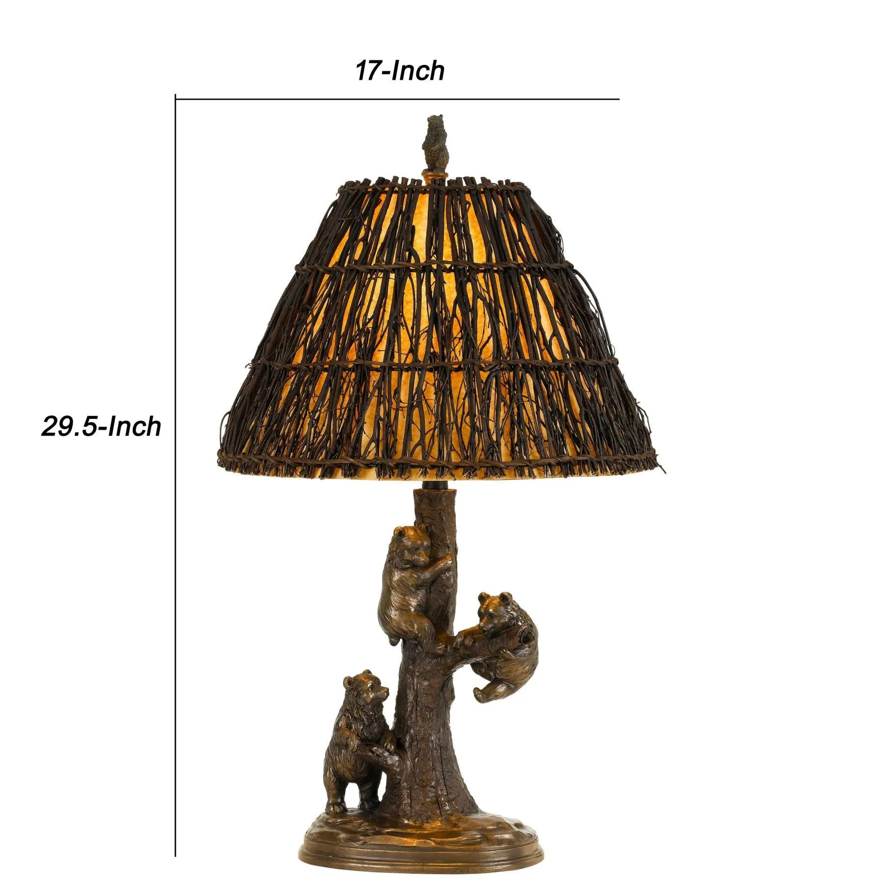 150 Watt Resin Body Table Lamp With Bear Design And Twig Shade, Bronze By Benzara