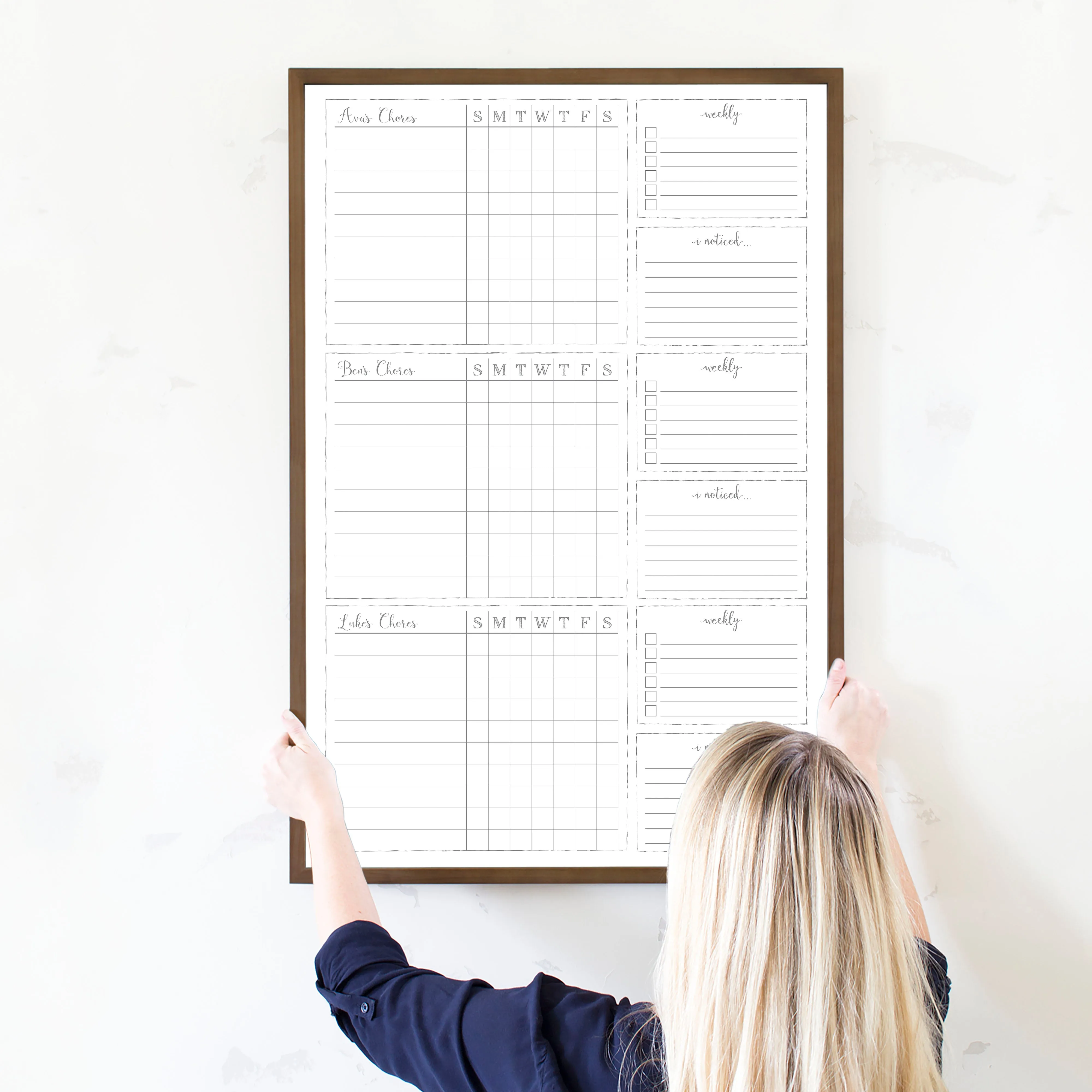 3 Person Framed Whiteboard Chore Chart  | Vertical Knope