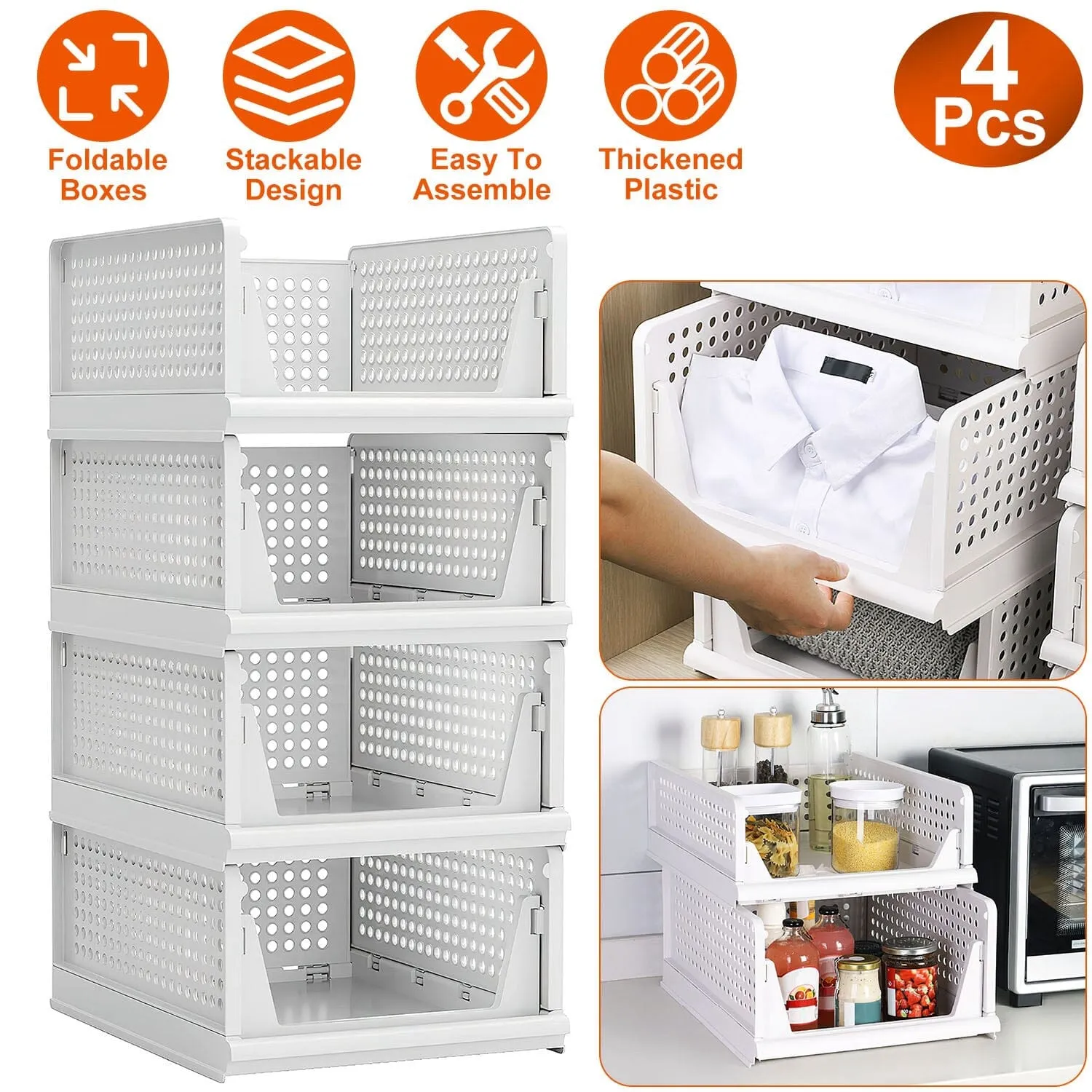 4-Packs: Plastic Storage Box Closet Organizer Foldable Storage with Slide Rail Push-Pull