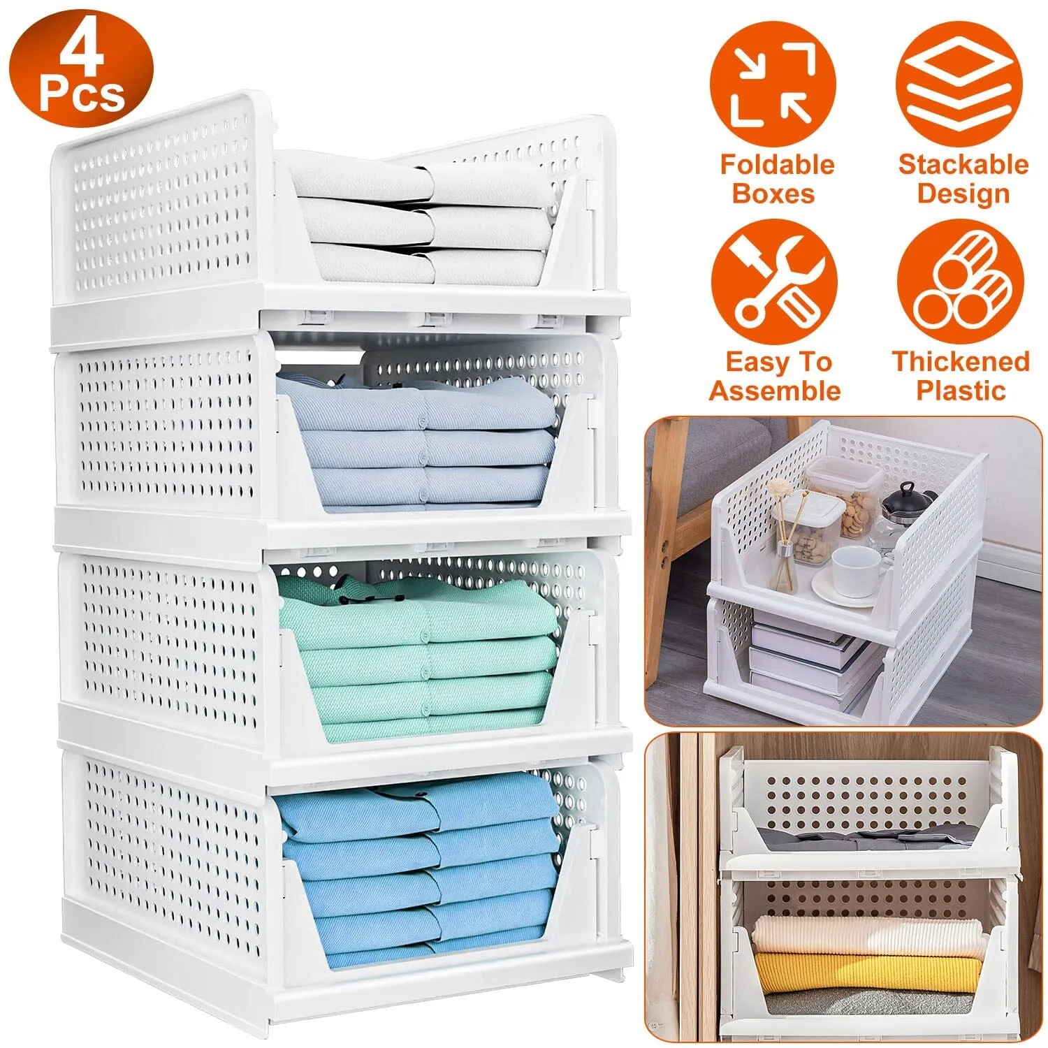 4-Packs: Plastic Storage Box Closet Organizer Foldable Storage with Slide Rail Push-Pull