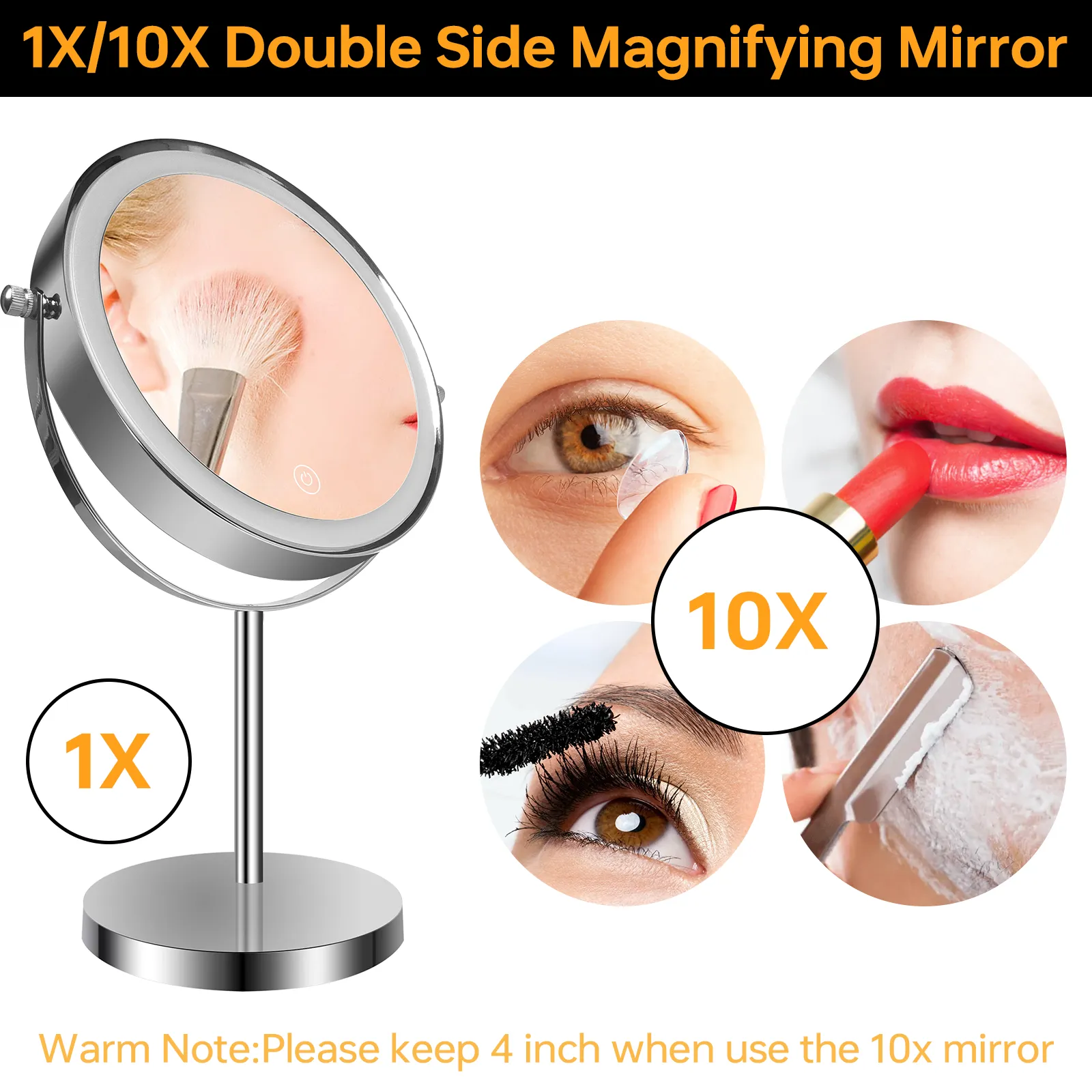 8-inch Makeup Mirror with Lights, Double Sided 1X/10X Magnifying Mirror, 3 Color Lighting Dimmable Vanity Mirror with 360° Swivel , Built-In Battery Operated (Chrome)