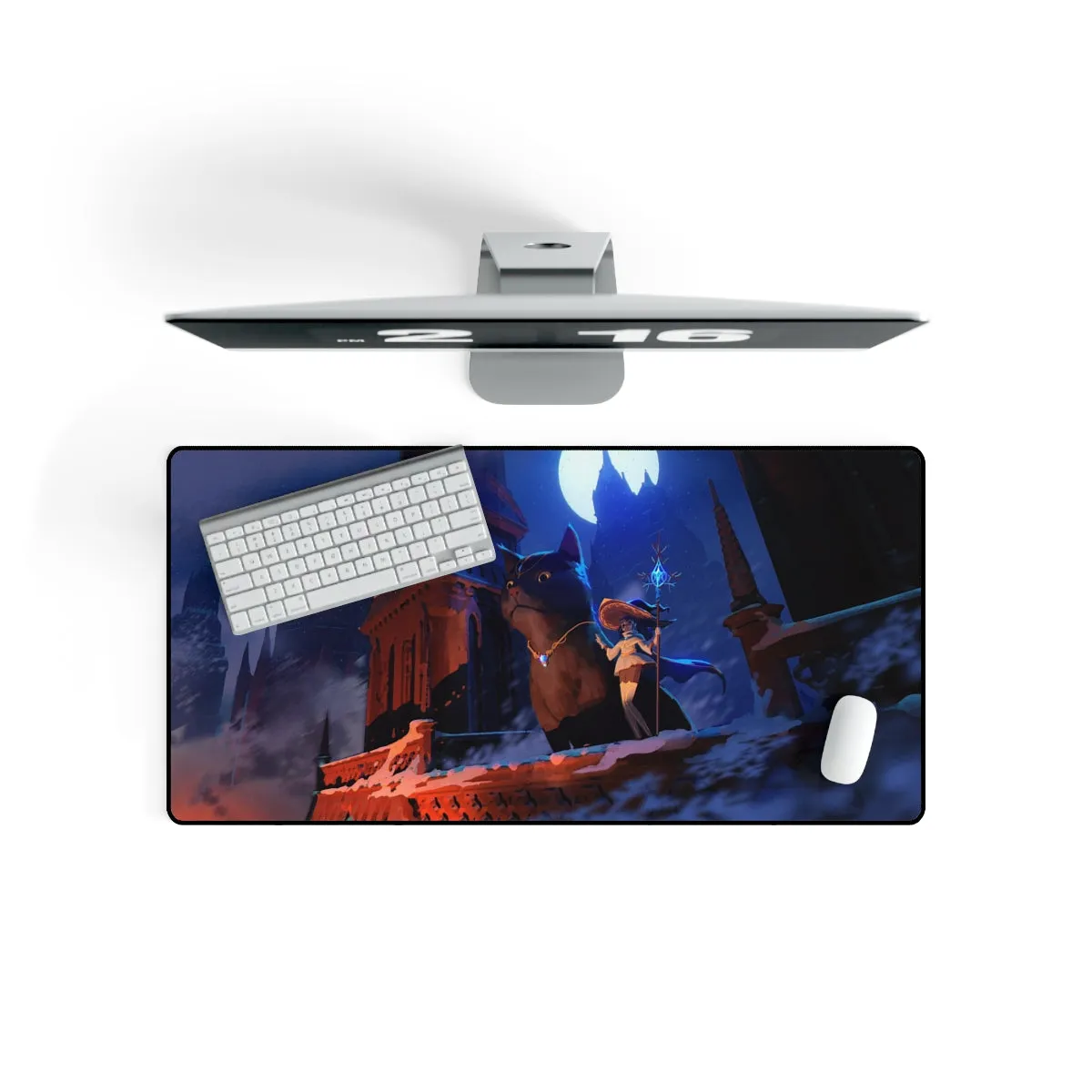 A witch and her giant pet cat admiring the view. Mouse Pad (Desk Mat)