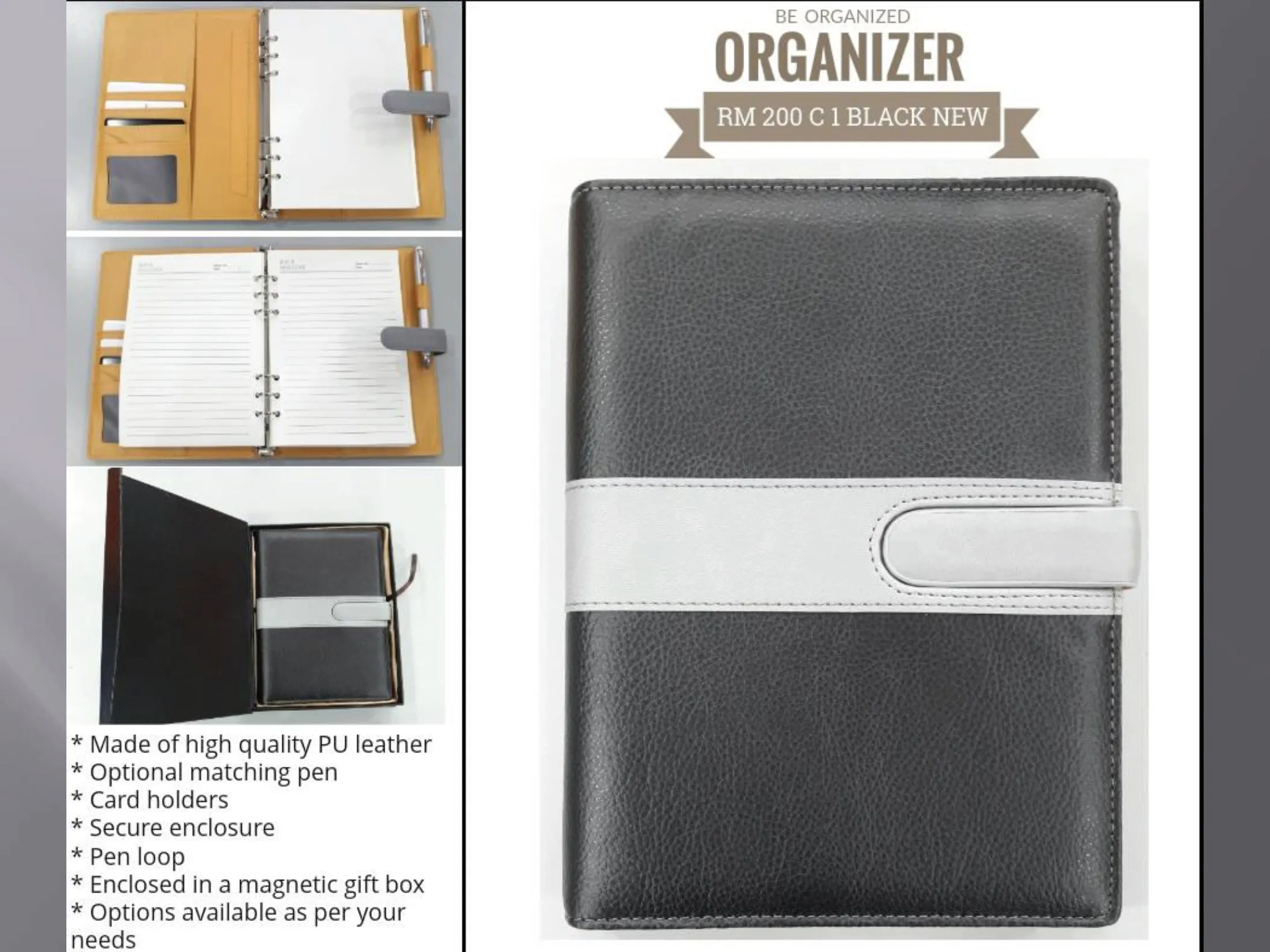 AMS-RM-200 C 1 - (Black) PU Leather Organizer