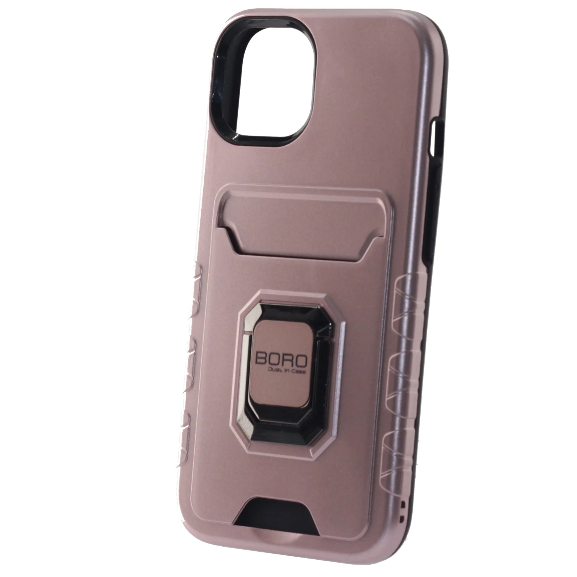 Apple iPhone 14 Pro Max, (BORO) Magnetic Ring Armor Case with Card Holder, Color Rose Gold