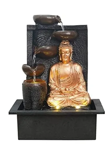 Arju Table Top Buddha Indoor Outdoor Water Fall Fountain with LED Lights Home Decor Decoration Gift Gifting Items (A13)