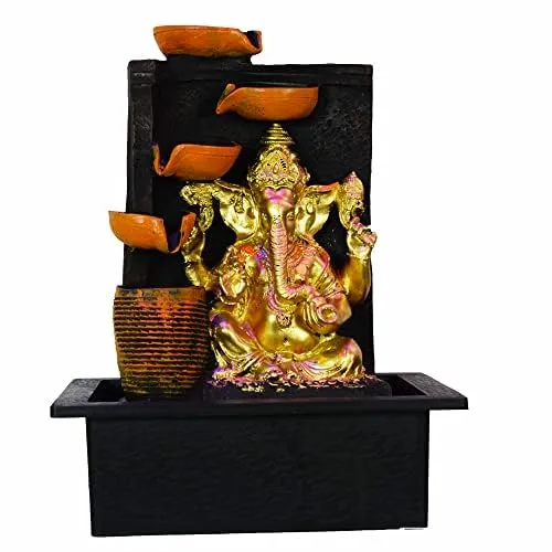 Arjun Resin Tableetop Diya Ganesh Indoor Water Fall Fountain with LED Lights Home Decor Outdoor Decoration Gift Gifting Items (A16)