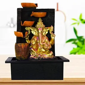 Arjun Resin Tableetop Diya Ganesh Indoor Water Fall Fountain with LED Lights Home Decor Outdoor Decoration Gift Gifting Items (A16)