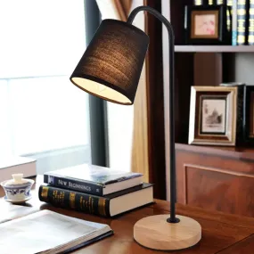 Conical Fabric Task Light: Modern 1-Bulb Black Small Desk Lamp with Beige Wood Base