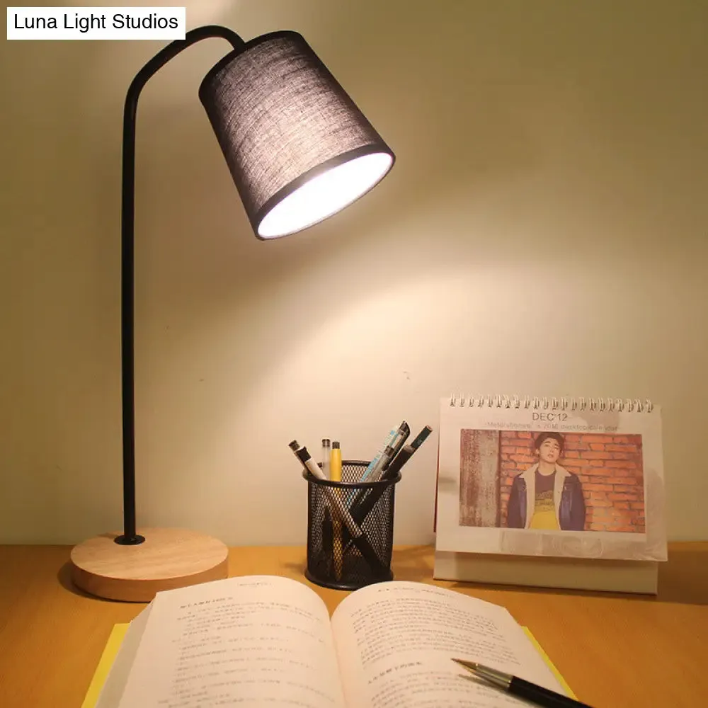 Conical Fabric Task Light: Modern 1-Bulb Black Small Desk Lamp with Beige Wood Base