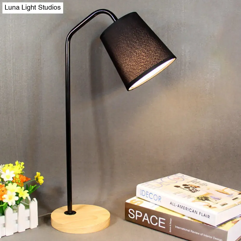 Conical Fabric Task Light: Modern 1-Bulb Black Small Desk Lamp with Beige Wood Base