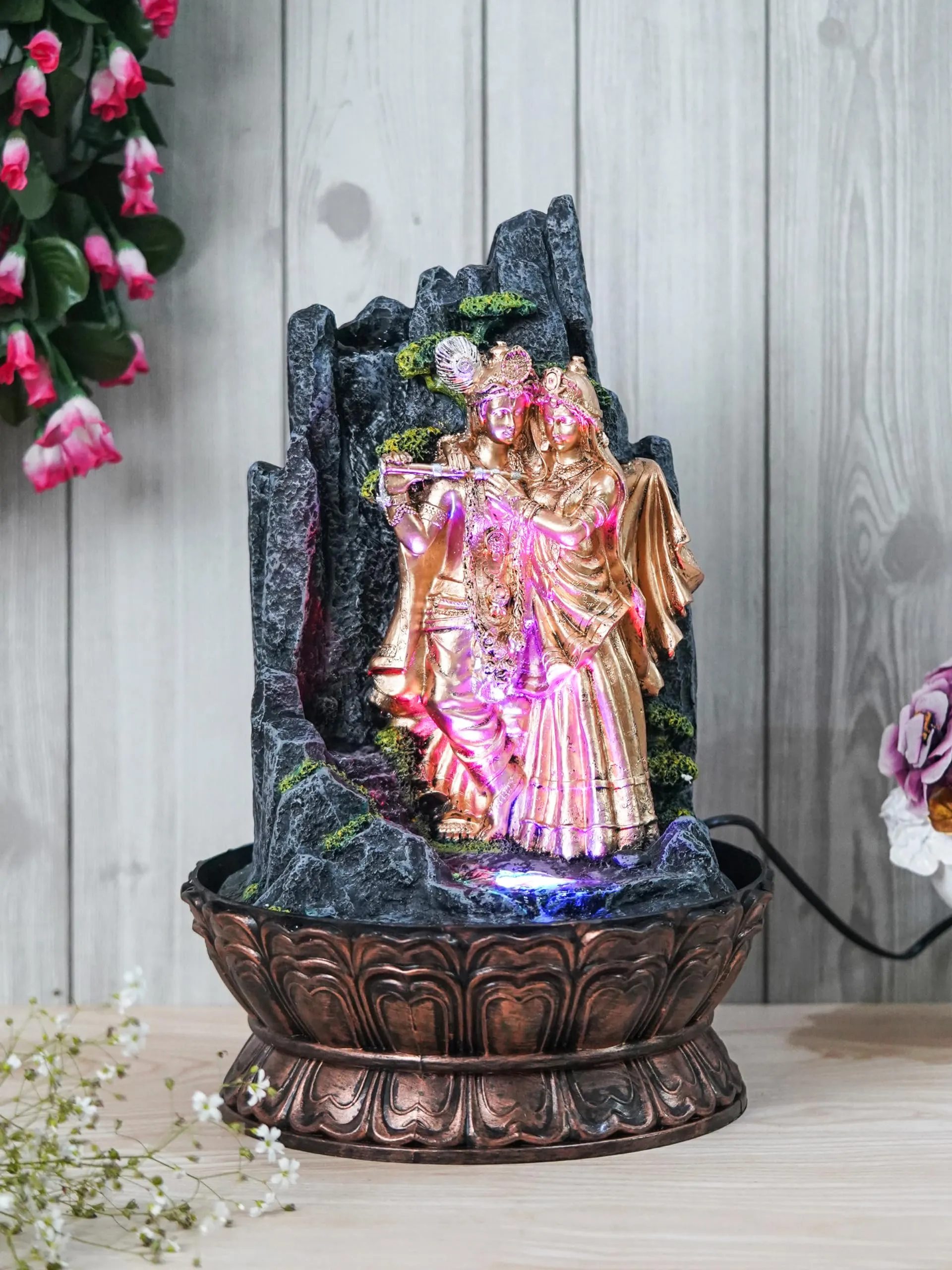 CRAFT SMITH Golden and Grey Polyresin Table Top Radha Krishna Rock Finish Indoor Waterfall Fountain for Home Decor with MultiColour LED & Speed Control Pump (Size: 27 x 27 x 41 CM | Wt: 2110Gram)