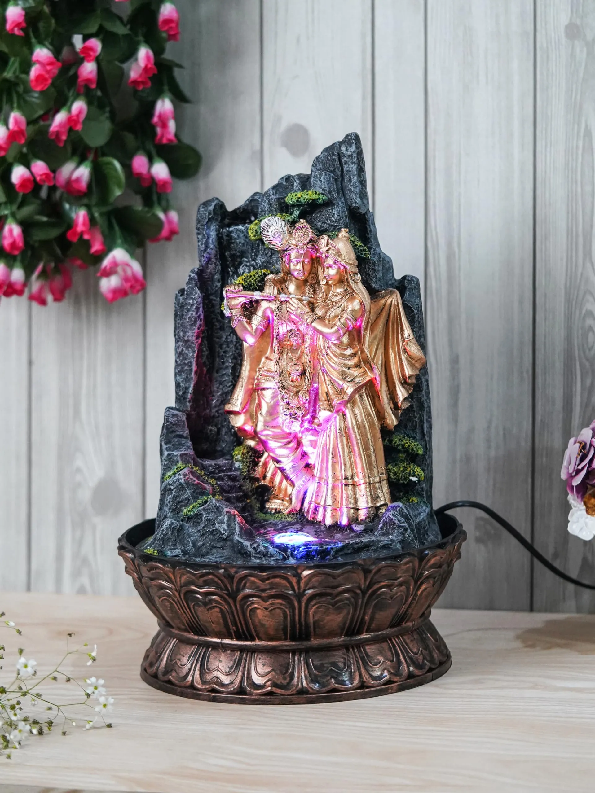 CRAFT SMITH Golden and Grey Polyresin Table Top Radha Krishna Rock Finish Indoor Waterfall Fountain for Home Decor with MultiColour LED & Speed Control Pump (Size: 27 x 27 x 41 CM | Wt: 2110Gram)