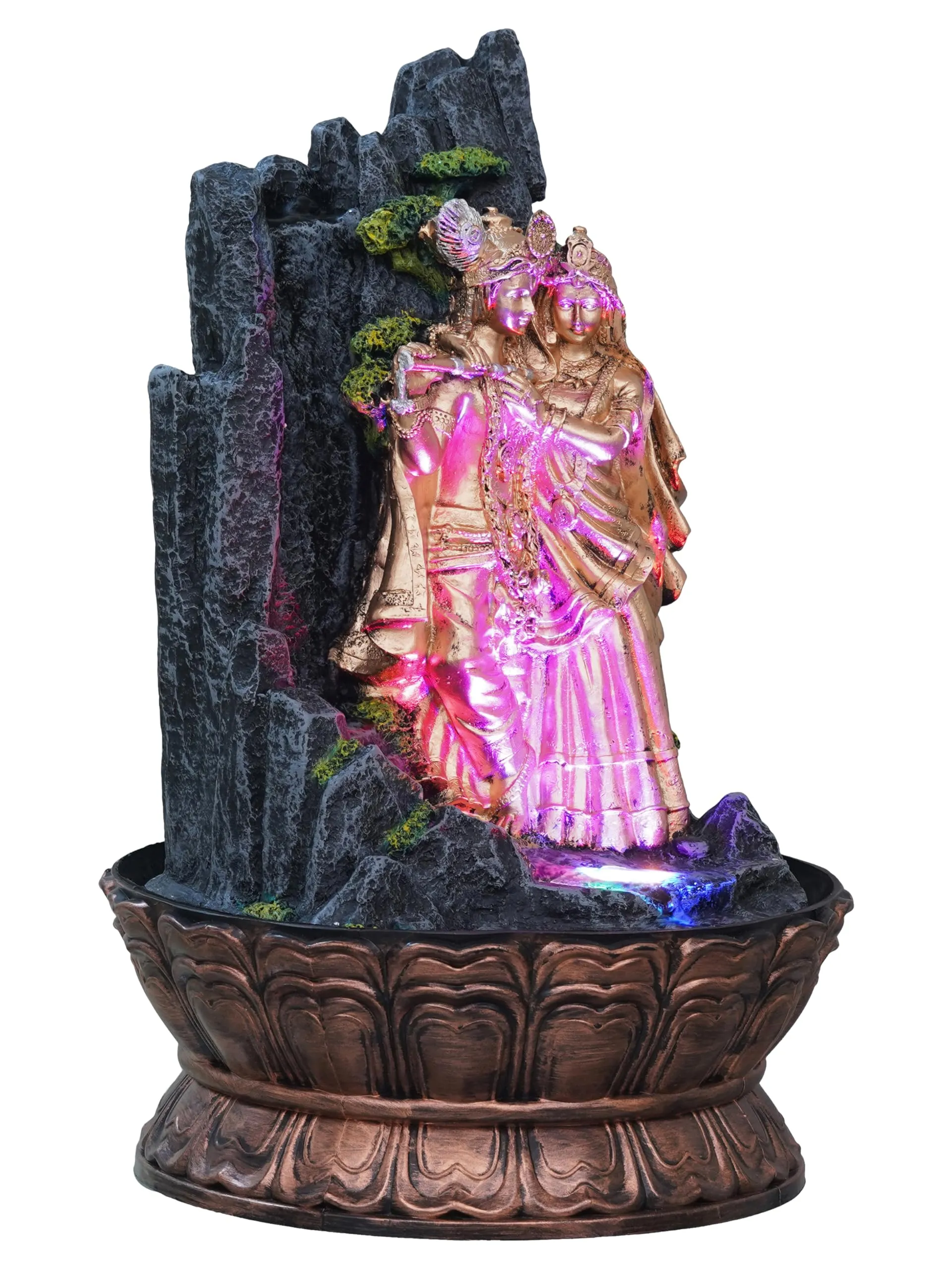 CRAFT SMITH Golden and Grey Polyresin Table Top Radha Krishna Rock Finish Indoor Waterfall Fountain for Home Decor with MultiColour LED & Speed Control Pump (Size: 27 x 27 x 41 CM | Wt: 2110Gram)