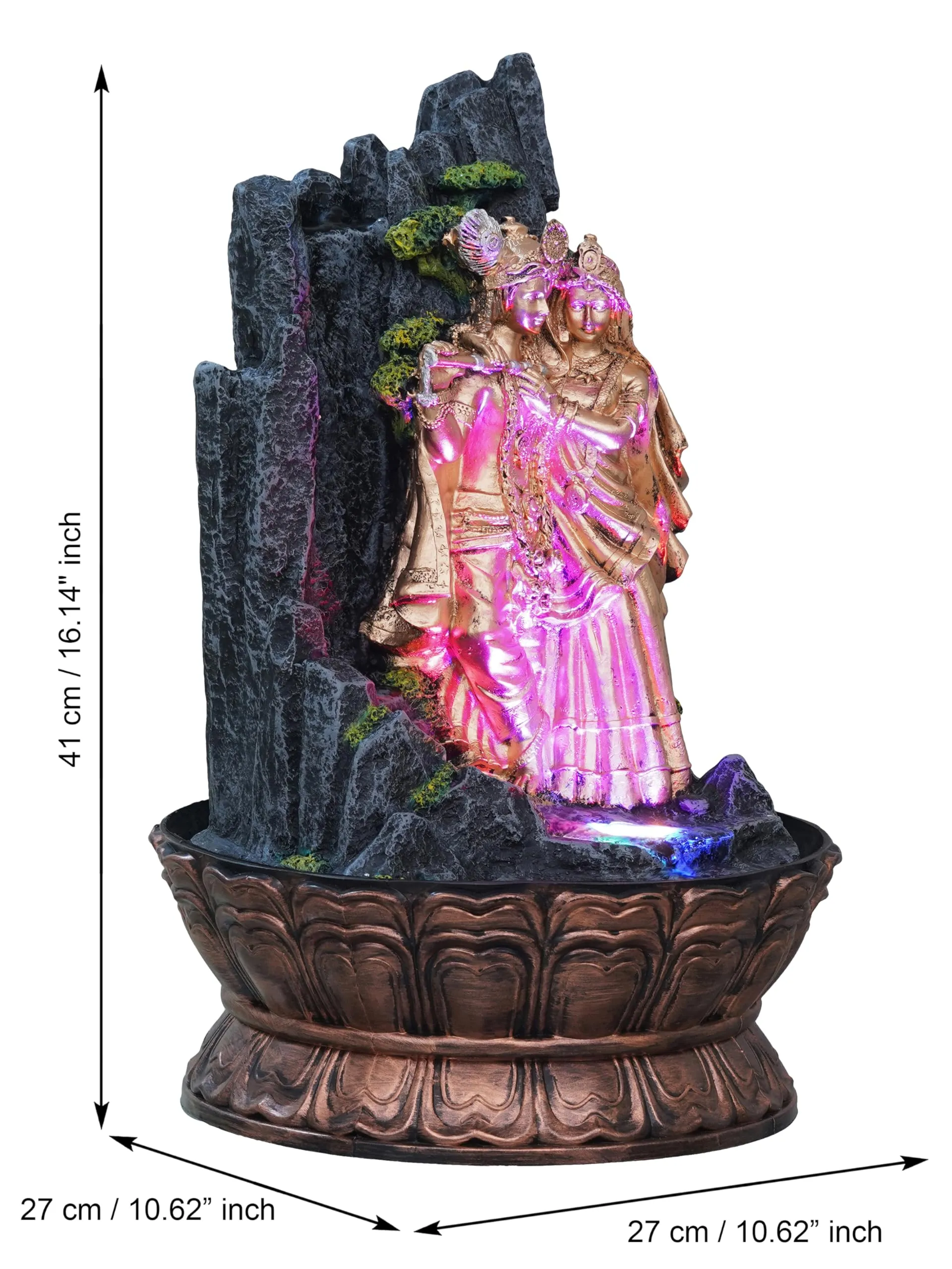 CRAFT SMITH Golden and Grey Polyresin Table Top Radha Krishna Rock Finish Indoor Waterfall Fountain for Home Decor with MultiColour LED & Speed Control Pump (Size: 27 x 27 x 41 CM | Wt: 2110Gram)