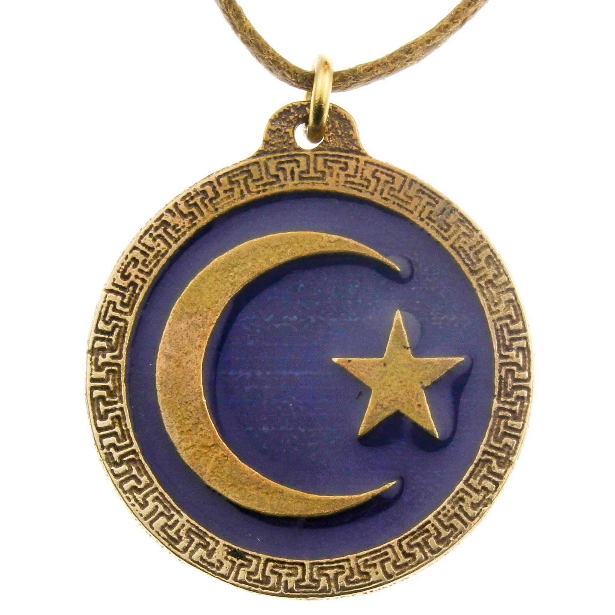 Crescent Moon and Star Blue Enamel Pendant Necklace on Adjustable Natural Fiber Cord