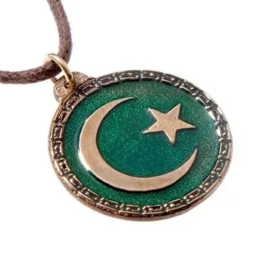 Adjustable Cord Crescent Moon & Star Necklace with Green Enamel Pendant - Natural Fiber, Wholesale