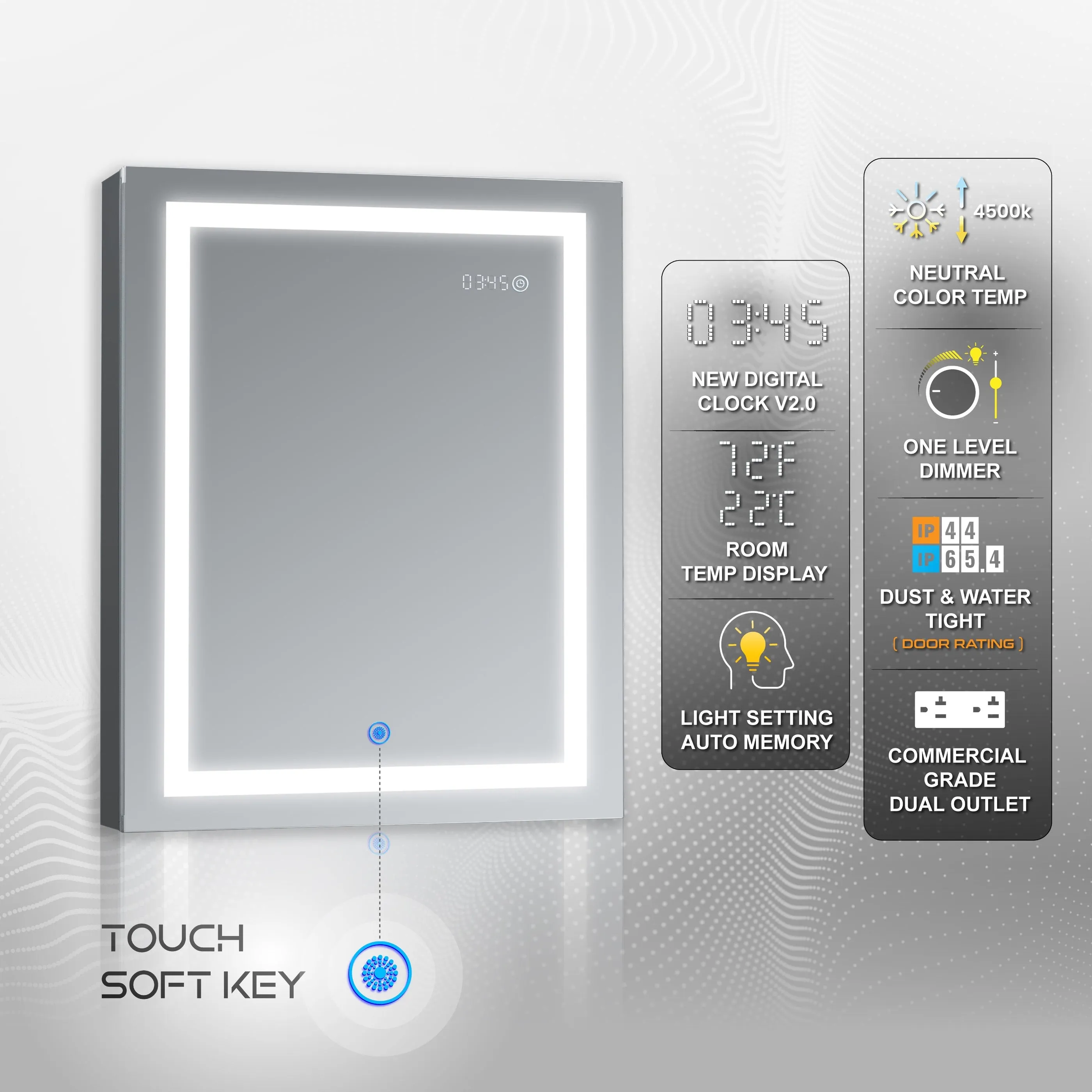 DECADOM LED Mirror Medicine Cabinet Recessed or Surface, Dimmer, Clock, Room Temp Display, Dual Outlets Duna 24x32R