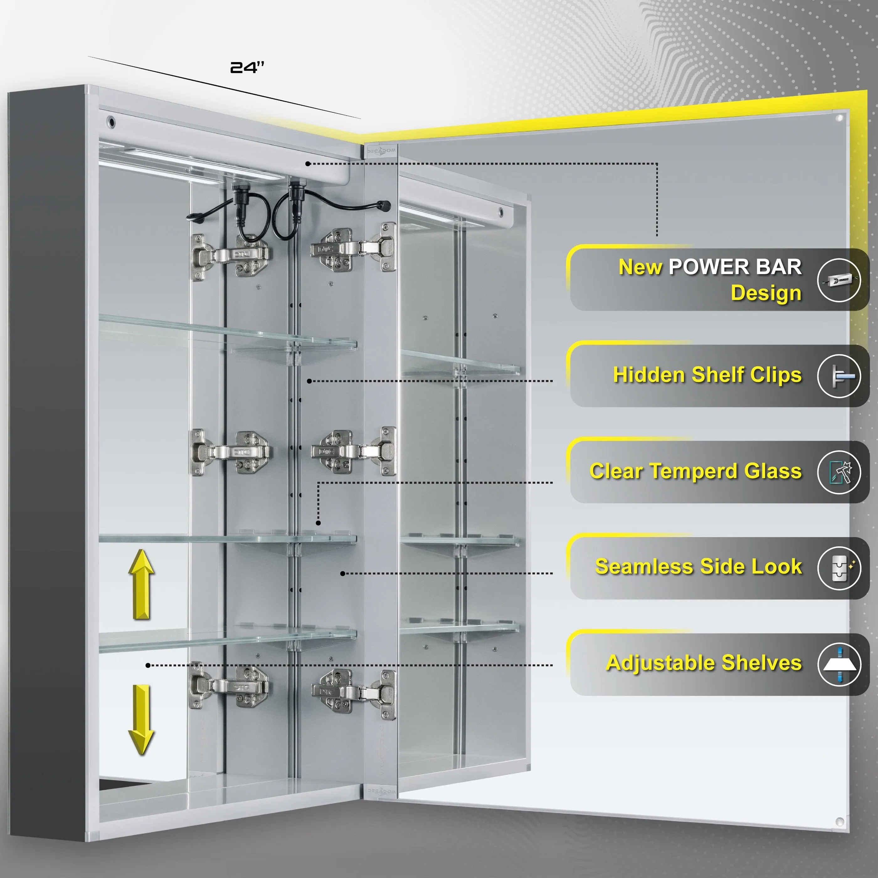 DECADOM LED Mirror Medicine Cabinet Recessed or Surface, Dimmer, Clock, Room Temp Display, Dual Outlets Duna 24x32R