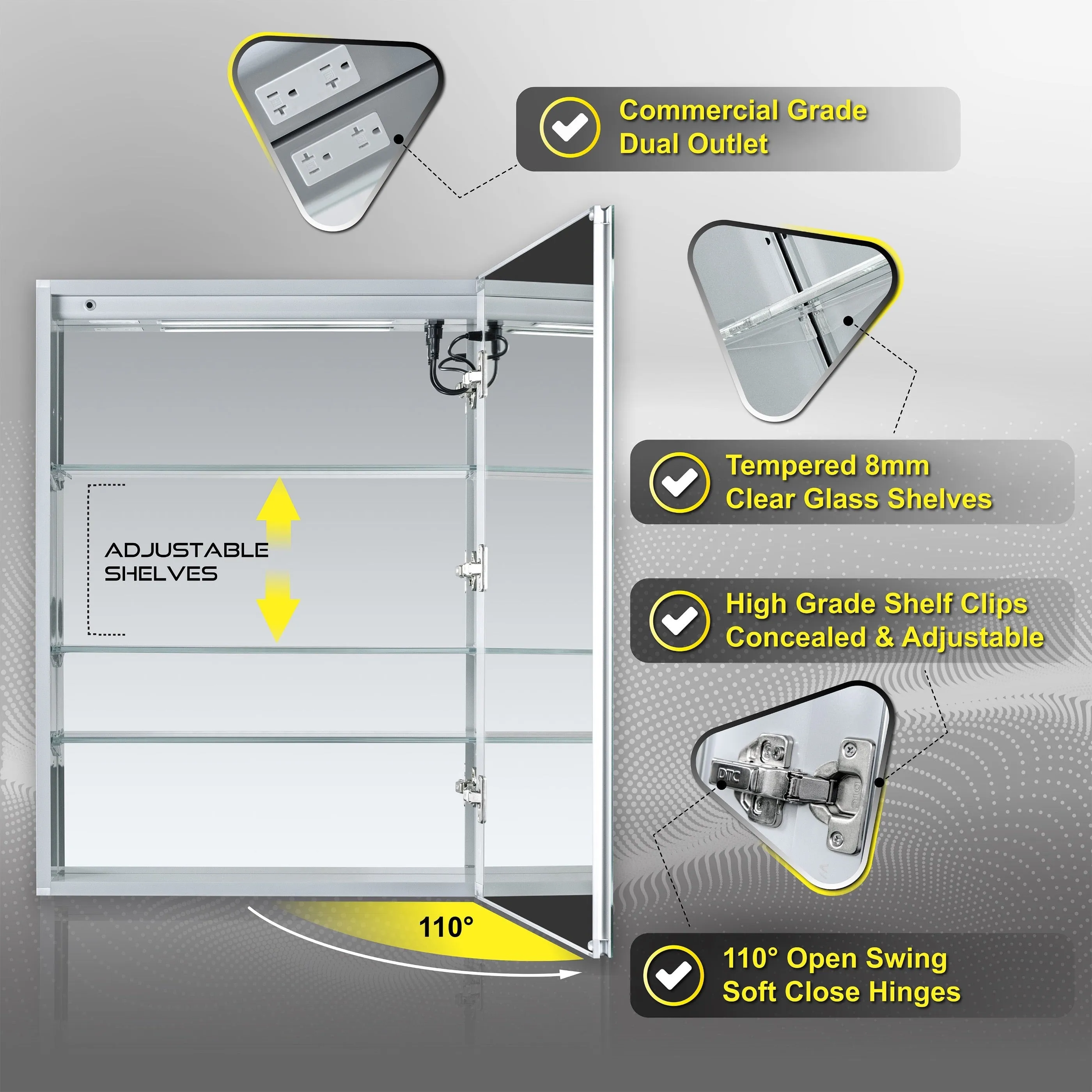 DECADOM LED Mirror Medicine Cabinet Recessed or Surface, Dimmer, Clock, Room Temp Display, Dual Outlets Duna 24x32R