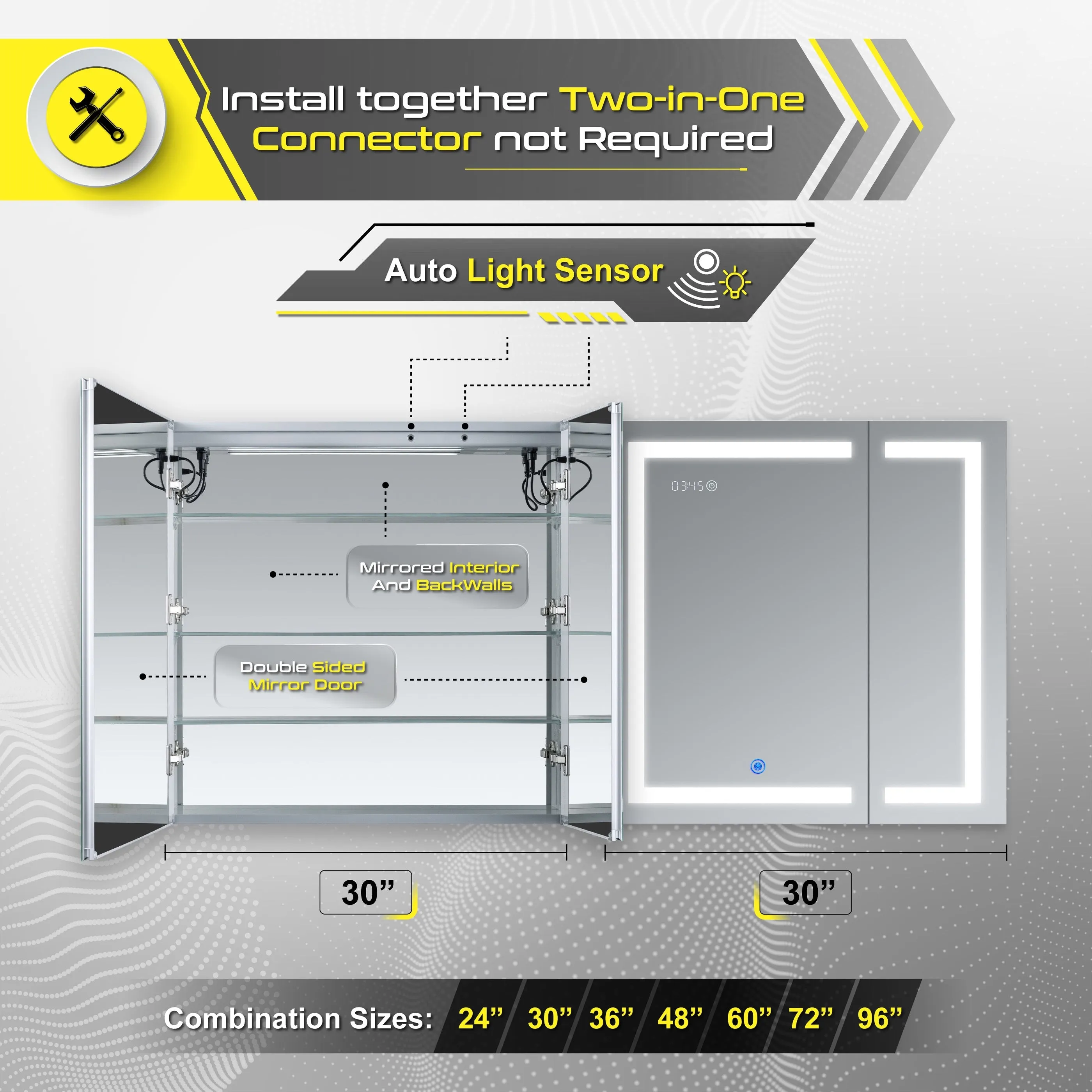 DECADOM LED Mirror Medicine Cabinet Recessed or Surface, Dimmer, Clock, Room Temp Display, Dual Outlets Duna 30x32