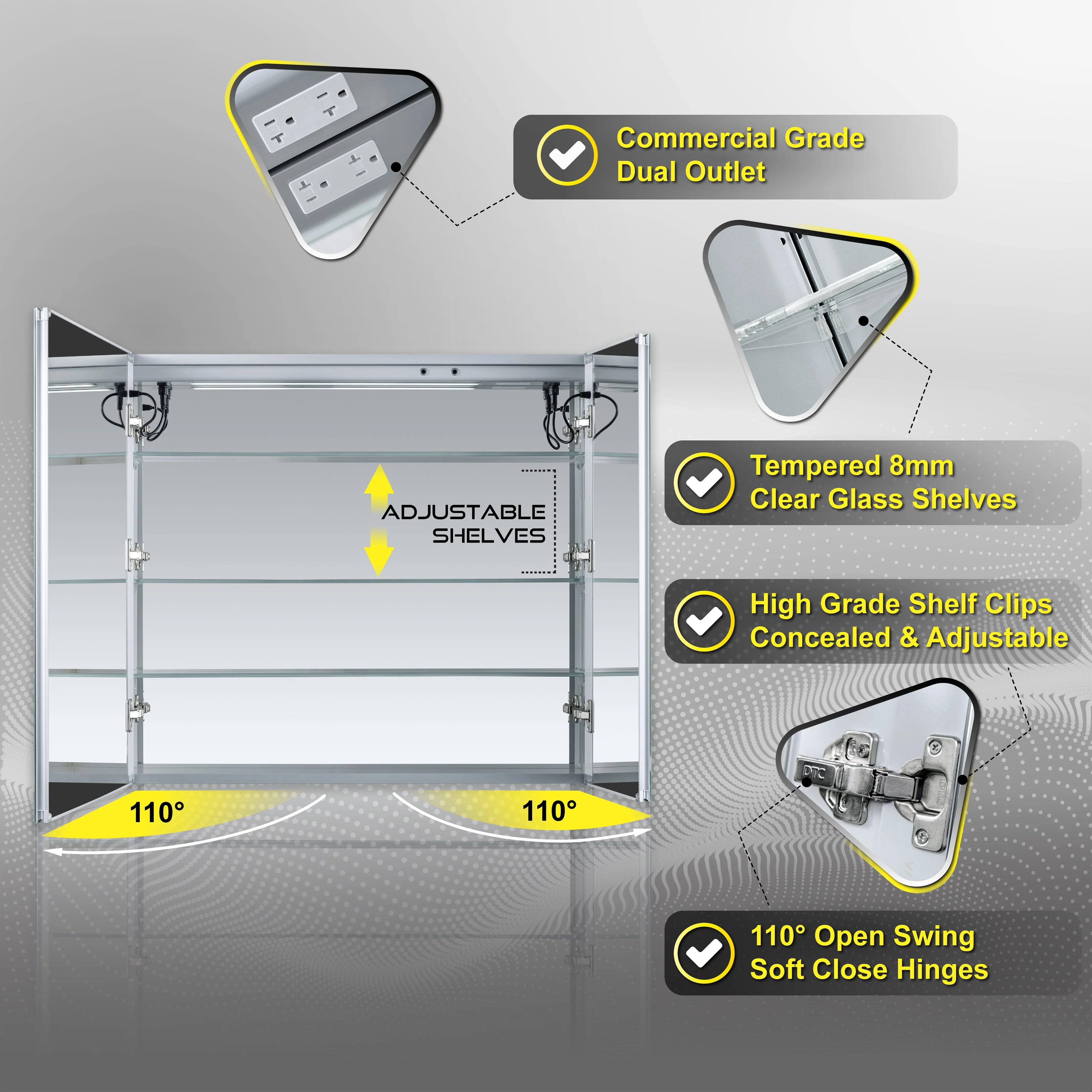 DECADOM LED Mirror Medicine Cabinet Recessed or Surface, Dimmer, Clock, Room Temp Display, Dual Outlets Duna 36x32