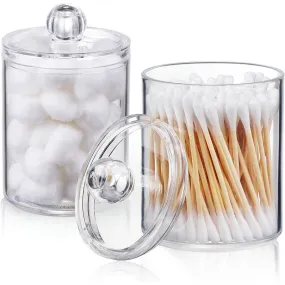 Dispenser For Cotton Ball, Cotton Swab, Cotton Round Pads, Floss - 10 Oz Clear Plastic Apothecary Jar Set For Bathroom Canister Storage Organization, Vanity Makeup Organizer