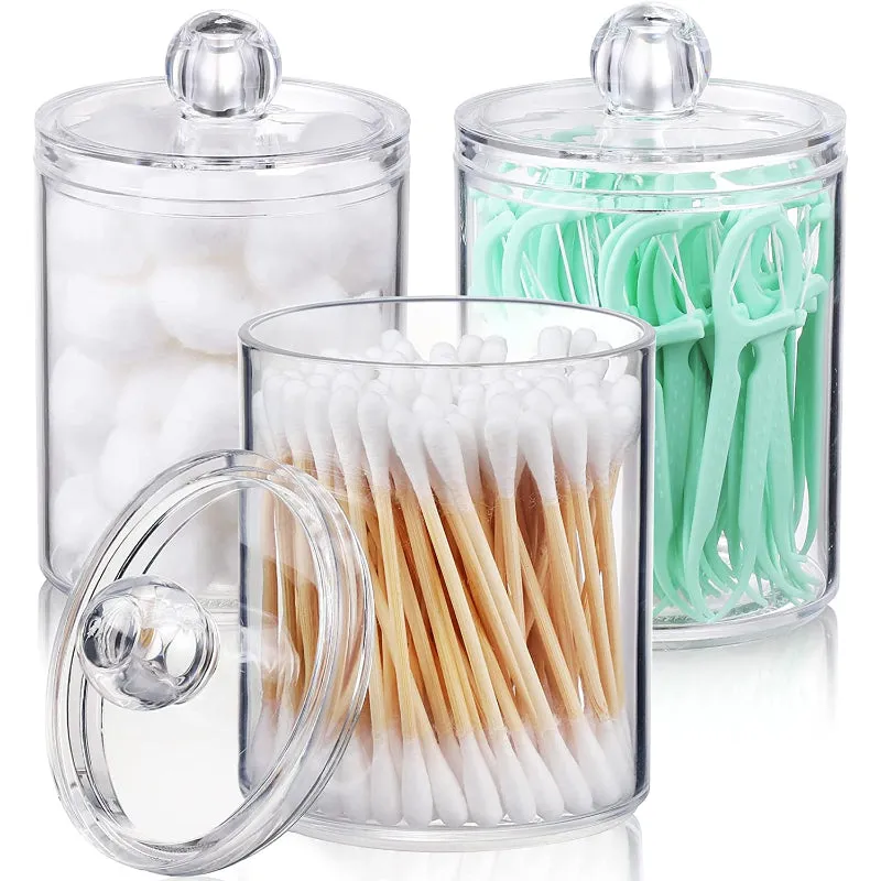 Dispenser For Cotton Ball, Cotton Swab, Cotton Round Pads, Floss - 10 Oz Clear Plastic Apothecary Jar Set For Bathroom Canister Storage Organization, Vanity Makeup Organizer