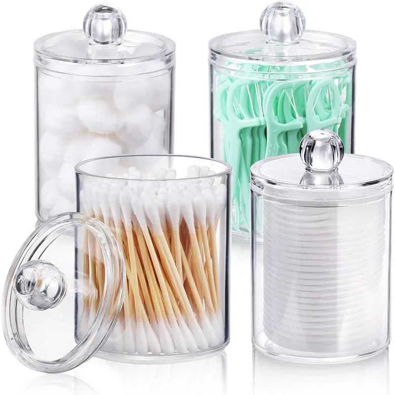 Dispenser For Cotton Ball, Cotton Swab, Cotton Round Pads, Floss - 10 Oz Clear Plastic Apothecary Jar Set For Bathroom Canister Storage Organization, Vanity Makeup Organizer