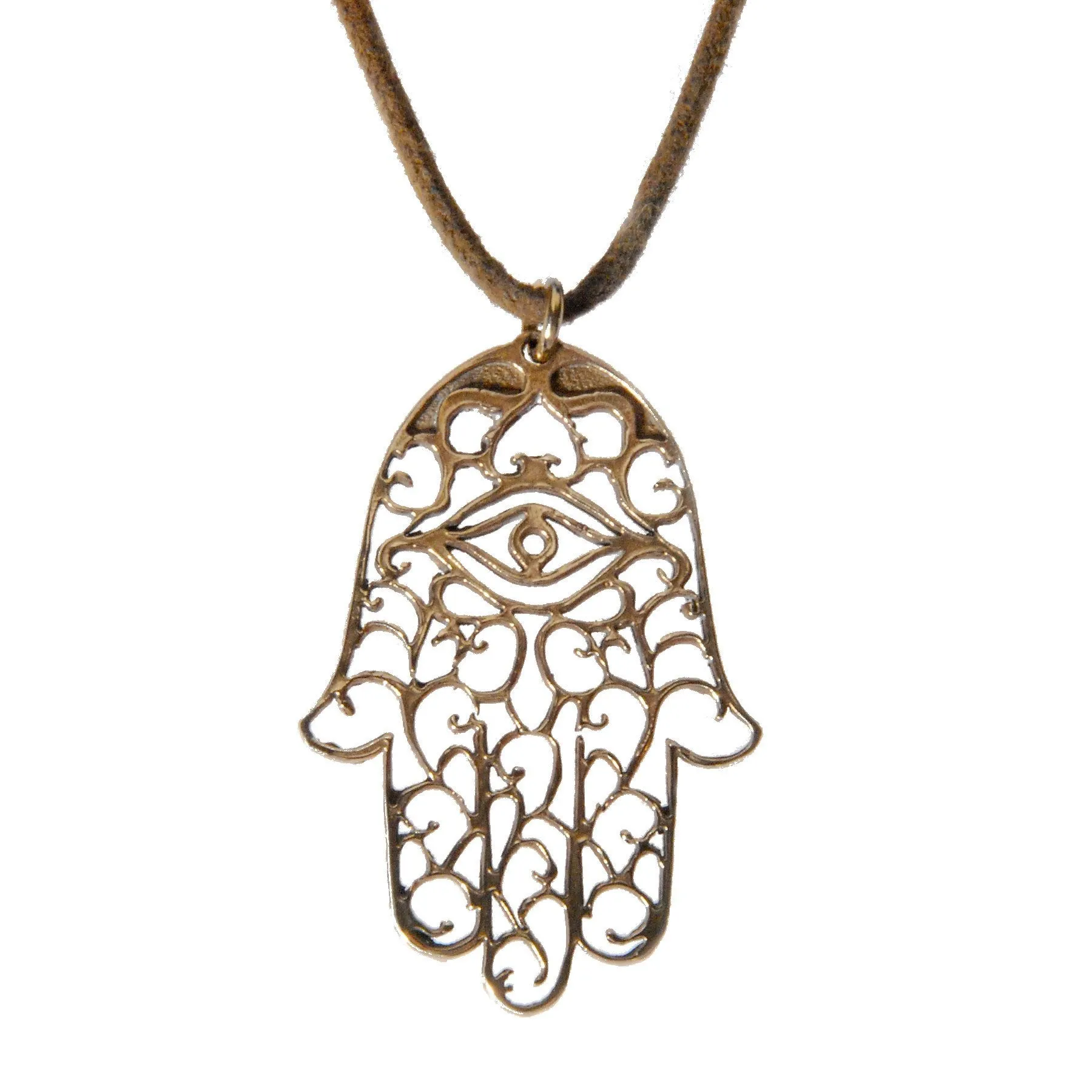 Hamsa Small Peace Bronze Pendant Necklace on Adjustable Natural Fiber Cord