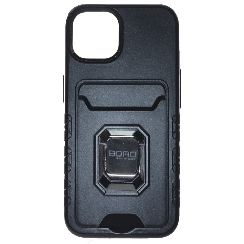 iPhone 14 Plus Case, (BORO) Magnetic Ring Armor Case with Card Holder, Color Black