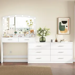 Large Makeup Vanity Desk with Hollywood Mirror and 8 Drawers