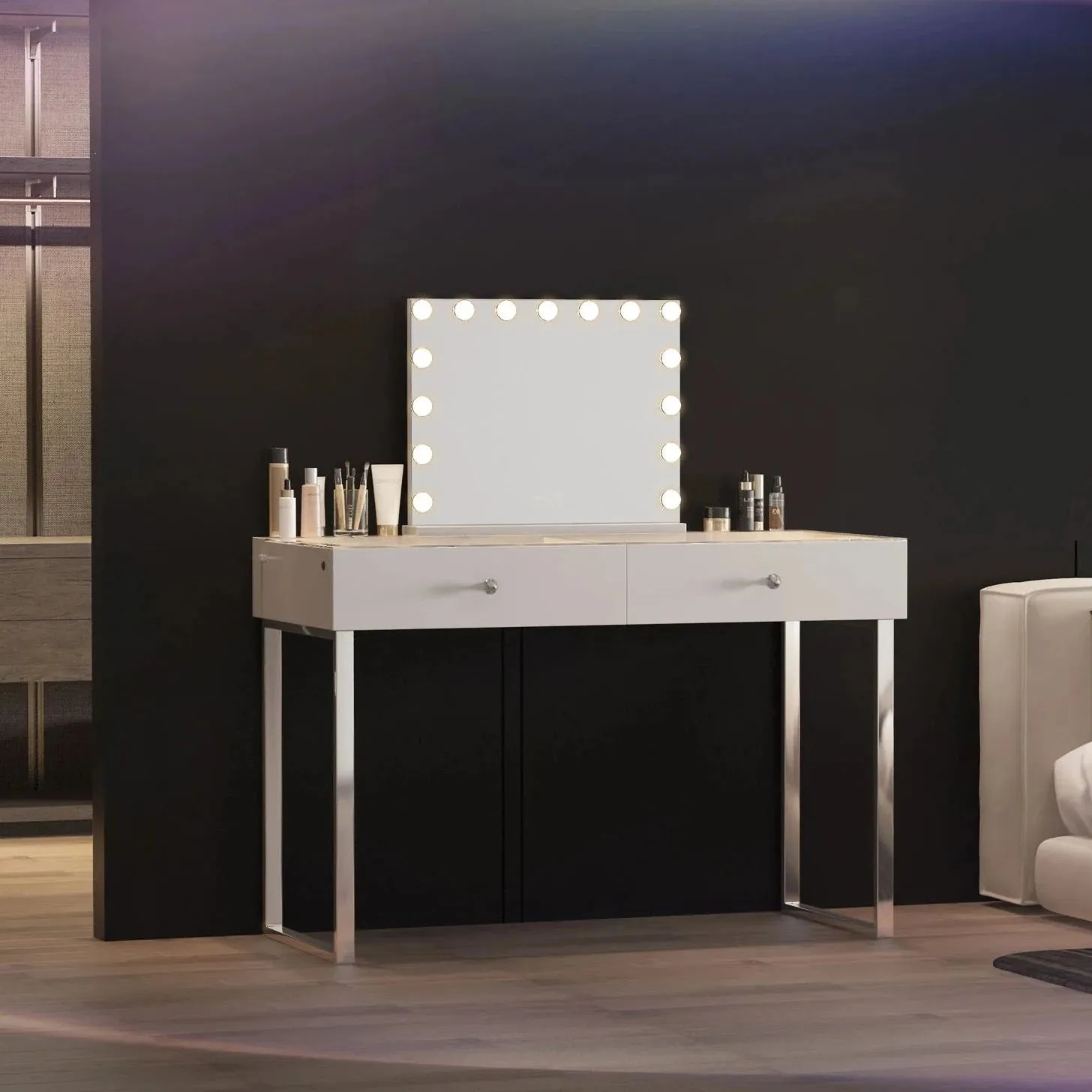 LUXE Vanity Desk Pro with Adjustable LED Light Strip and Glass Top – 2 Drawer