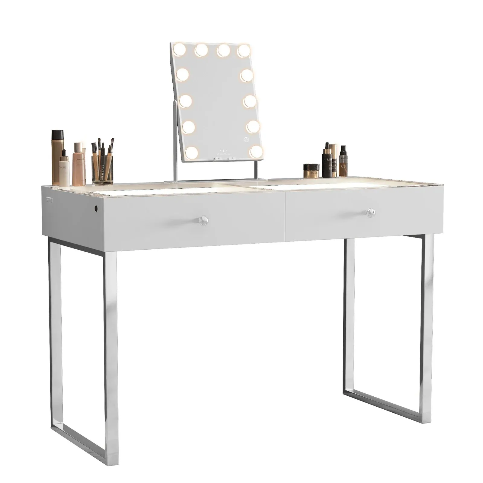 LUXE Vanity Desk Pro with Adjustable LED Light Strip and Glass Top – 2 Drawer