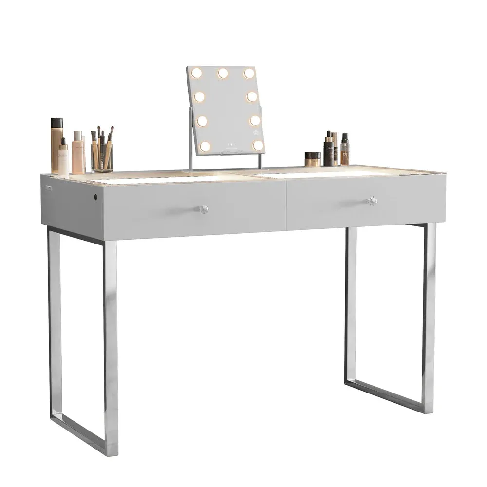 LUXE Vanity Desk Pro with Adjustable LED Light Strip and Glass Top – 2 Drawer