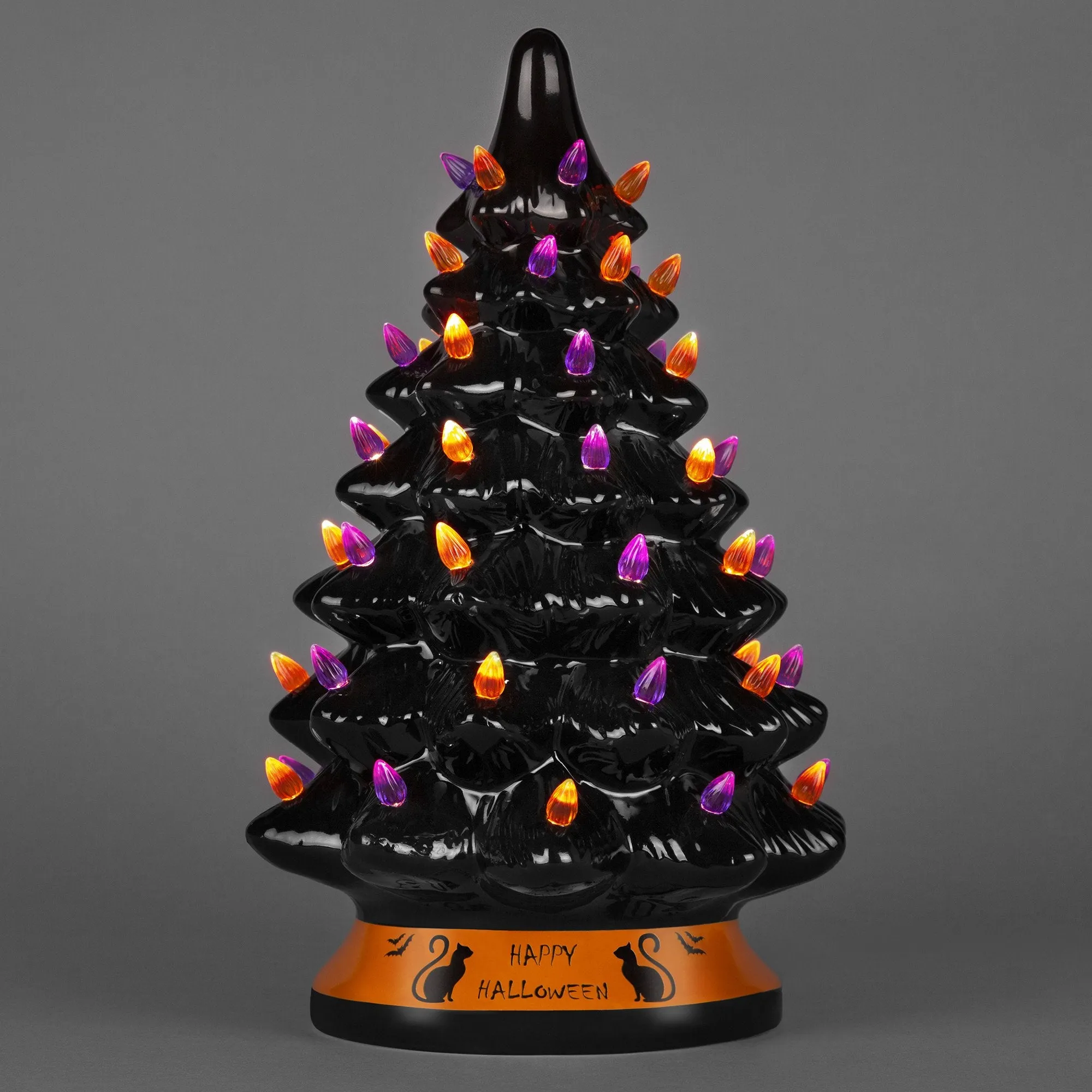 Pre-Lit 15in Ceramic Halloween Tree w/ Orange & Purple Bulb Lights