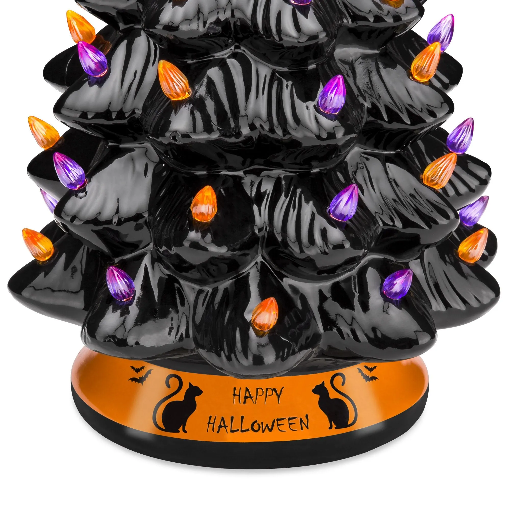 Pre-Lit 15in Ceramic Halloween Tree w/ Orange & Purple Bulb Lights