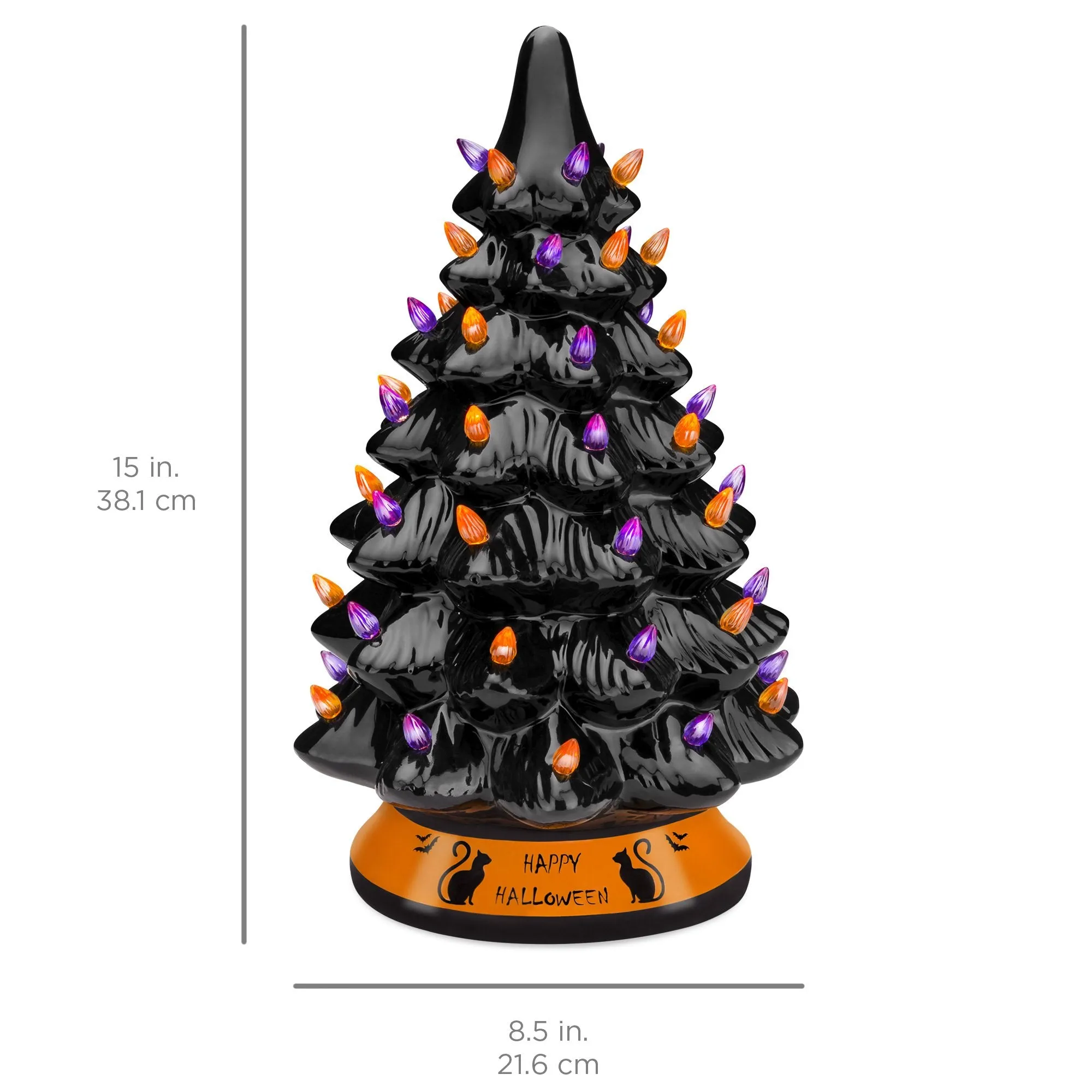 Pre-Lit 15in Ceramic Halloween Tree w/ Orange & Purple Bulb Lights