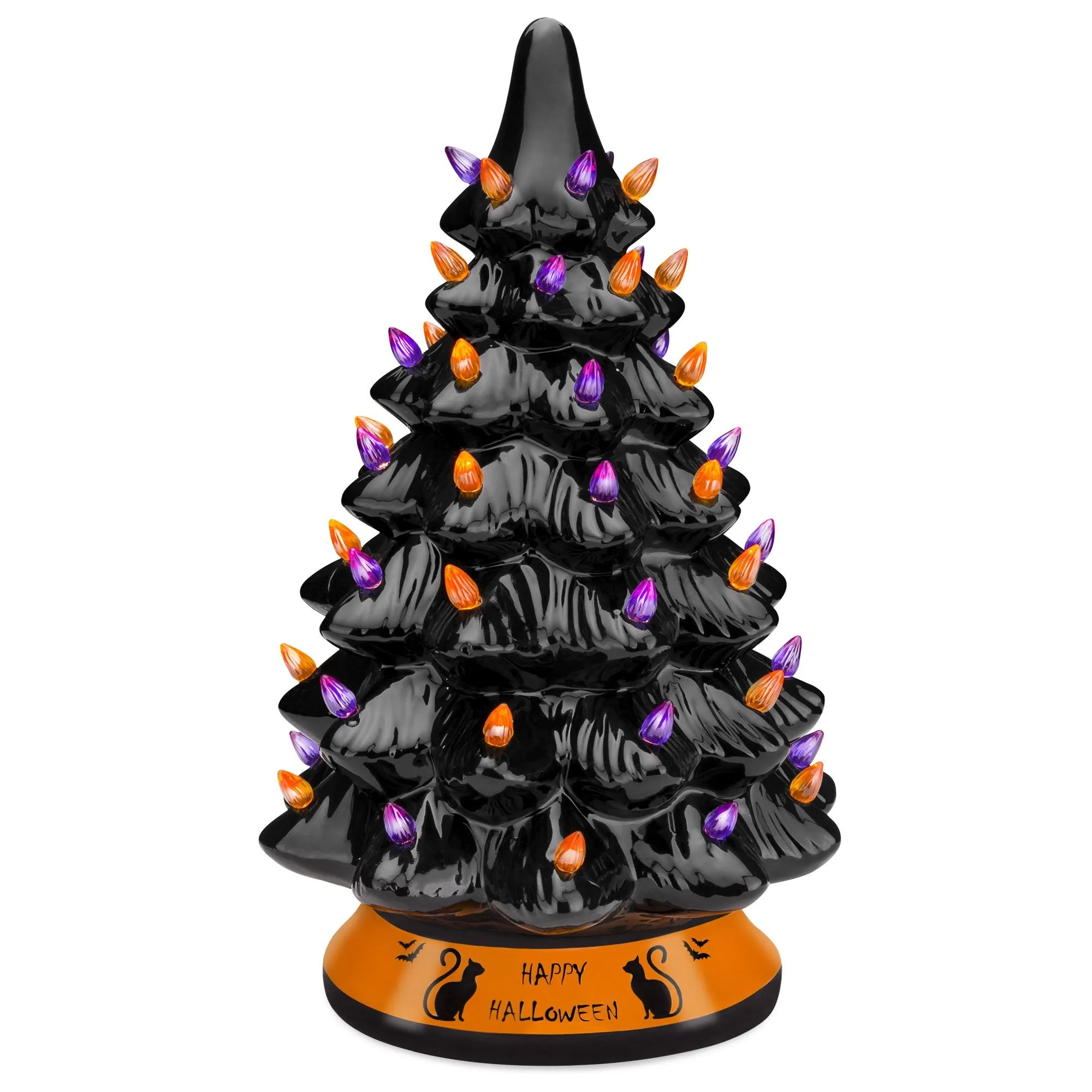 Pre-Lit 15in Ceramic Halloween Tree w/ Orange & Purple Bulb Lights