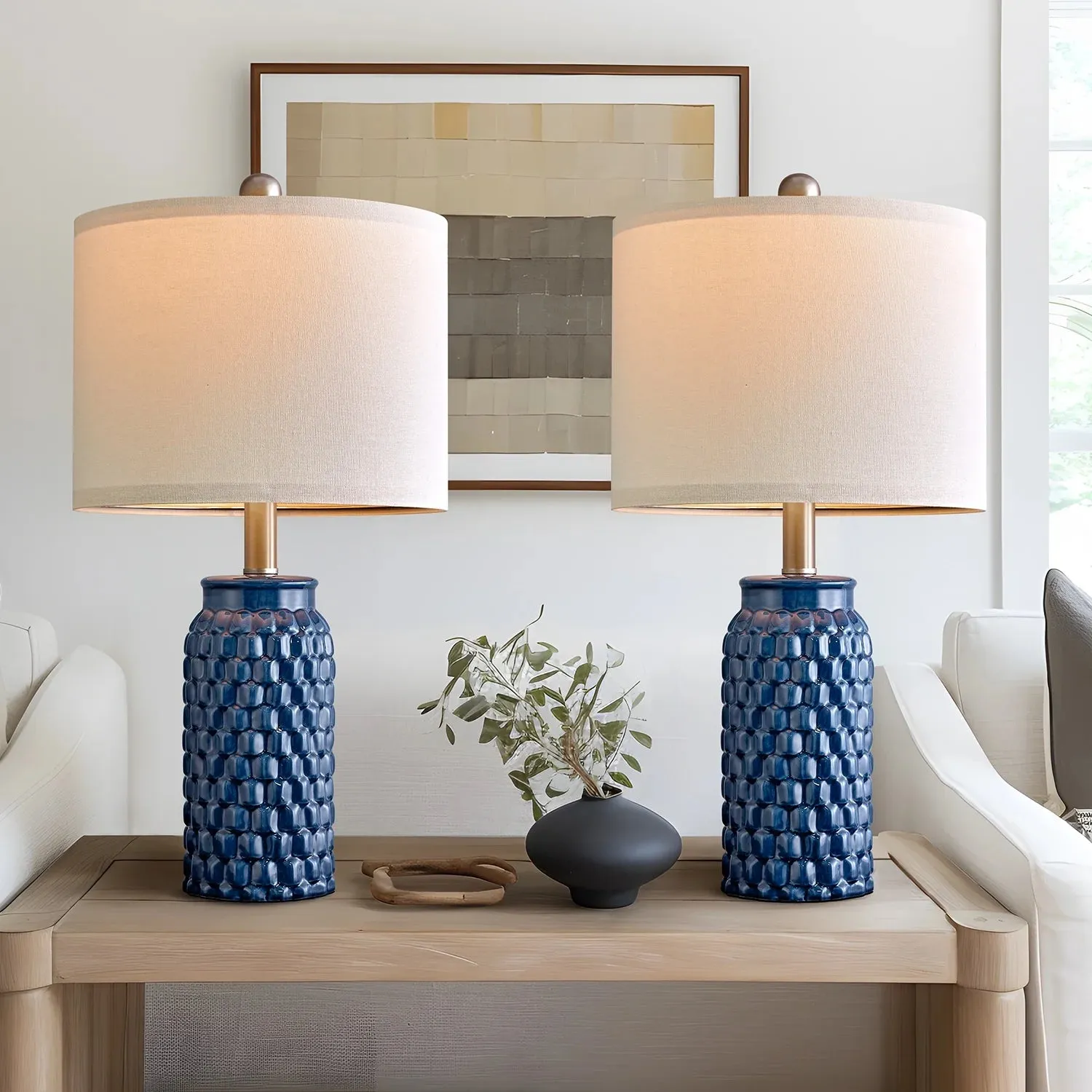 Set of 2 Modern Table Lamps – 20.5" Contemporary Dark Blue Ceramic Nightstand Lamps for Bedroom and Living Room