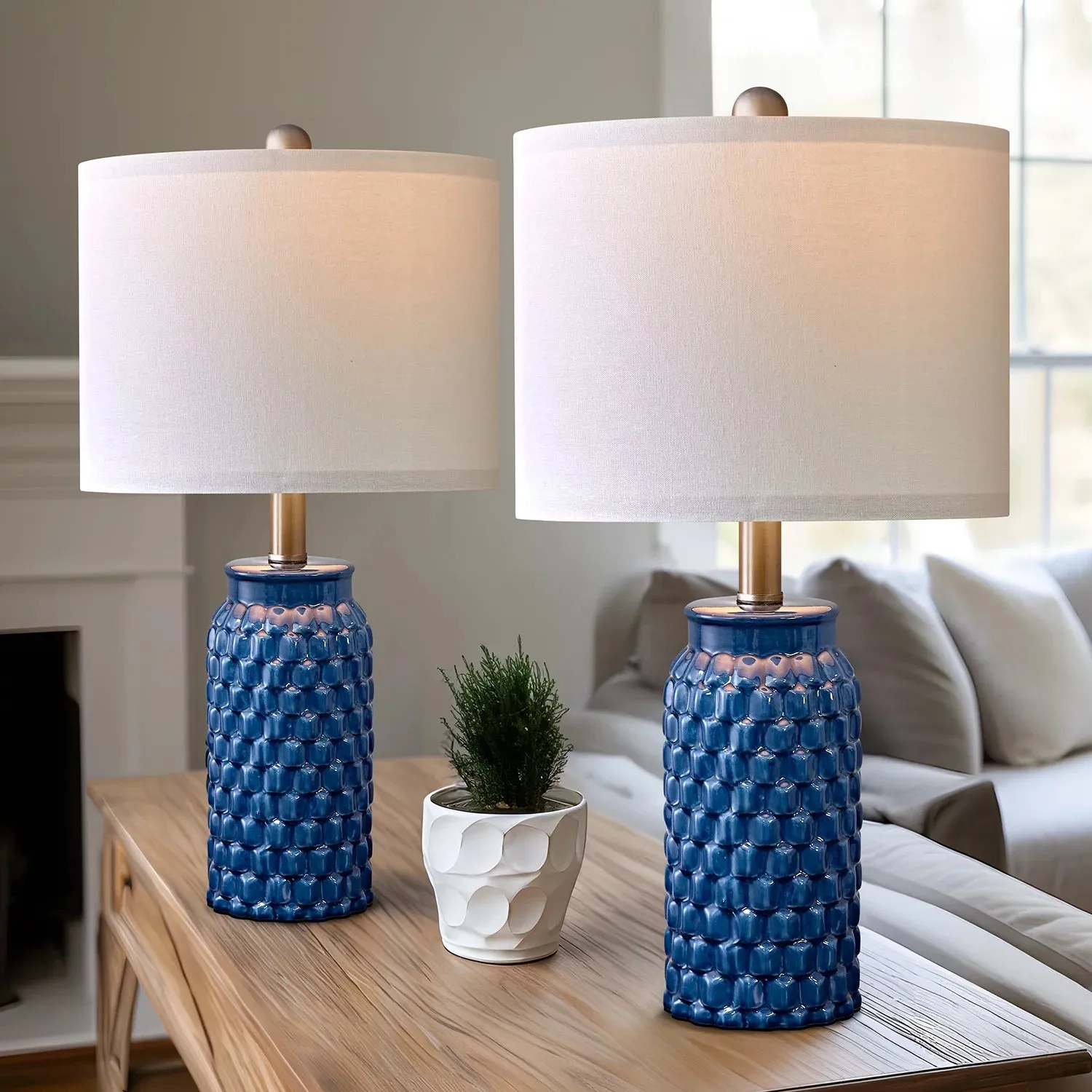 Set of 2 Modern Table Lamps – 20.5" Contemporary Dark Blue Ceramic Nightstand Lamps for Bedroom and Living Room