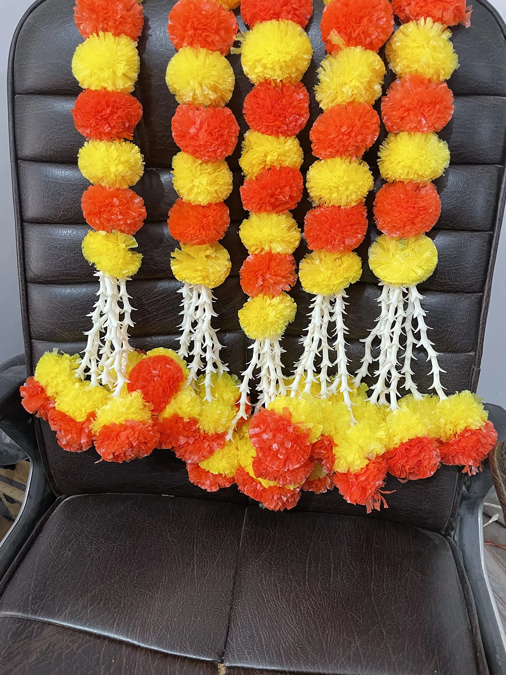 SPHINX artificial marigold fluffy flowers and tuberose (rajnigandha) clustered garlands for festive pooja wedding housewarming decorations- (Approx 5 ft - 10 Pieces, Yellow & Dark Orange)