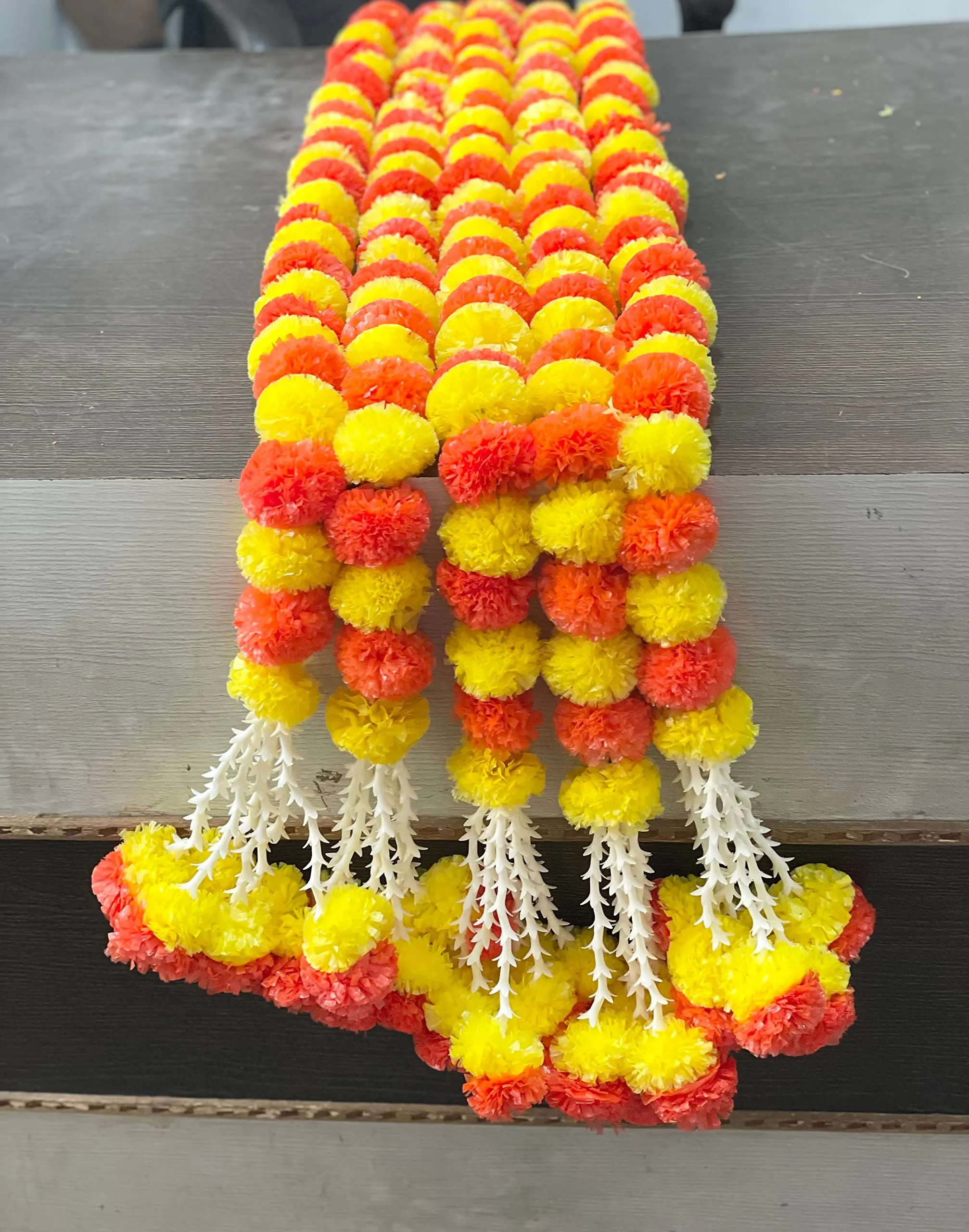 SPHINX artificial marigold fluffy flowers and tuberose (rajnigandha) clustered garlands for festive pooja wedding housewarming decorations- (Approx 5 ft - 10 Pieces, Yellow & Dark Orange)