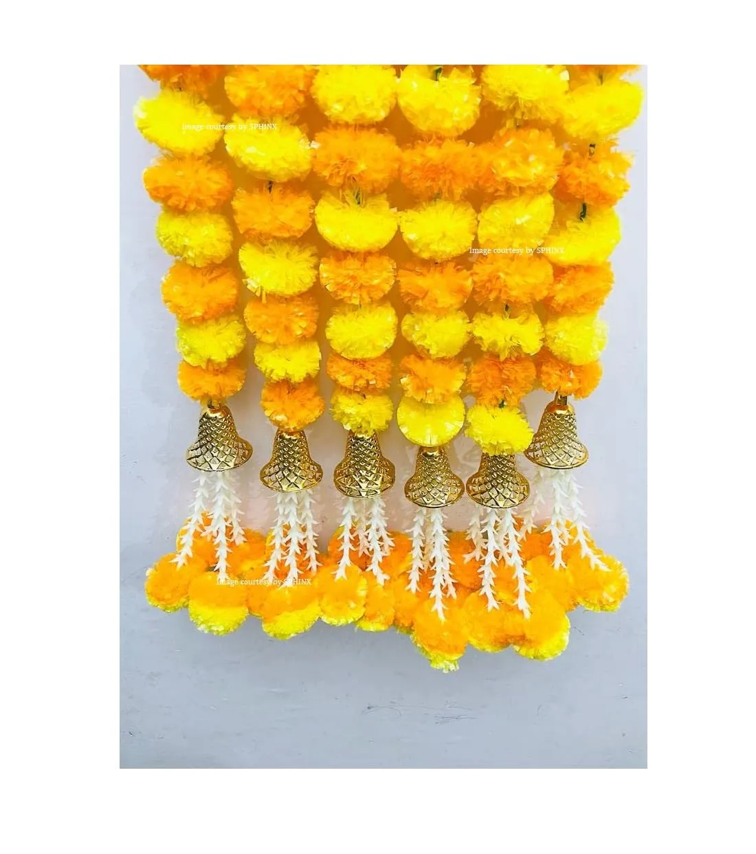 SPHINX Artificial Marigold Fluffy Flowers with Bell and Tuberoses (Rajnigandha) Garlands Tassles Strings for Decorations - (Yellow & Light Orange (5 Pieces), Approx 5 ft/60 Inches/150 cms)