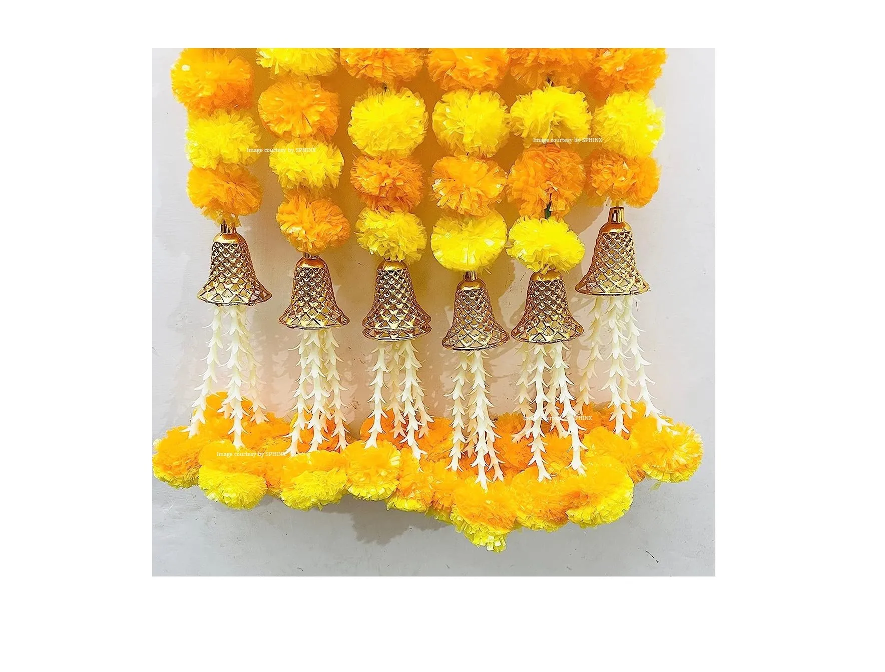 SPHINX Artificial Marigold Fluffy Flowers with Bell and Tuberoses (Rajnigandha) Garlands Tassles Strings for Decorations - (Yellow & Light Orange (5 Pieces), Approx 5 ft/60 Inches/150 cms)