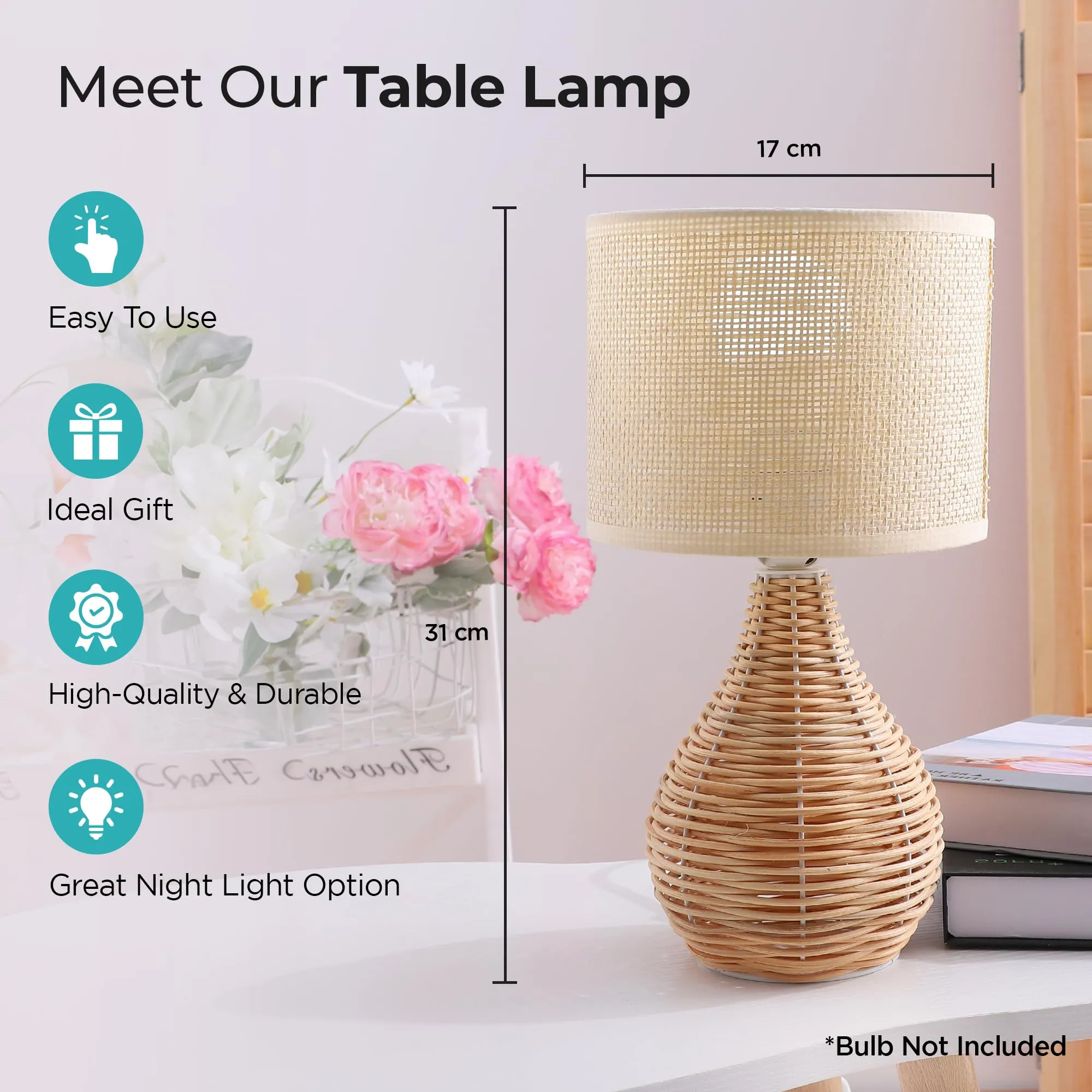 The Better Home Table Lamp for Bedroom-31CM |Home Decor Light Made up of Rattan and Linen| Table Lamp for Study| Aesthetic Table Lamp for Living Room, Office Desk | Gift for House Warming Ceremony