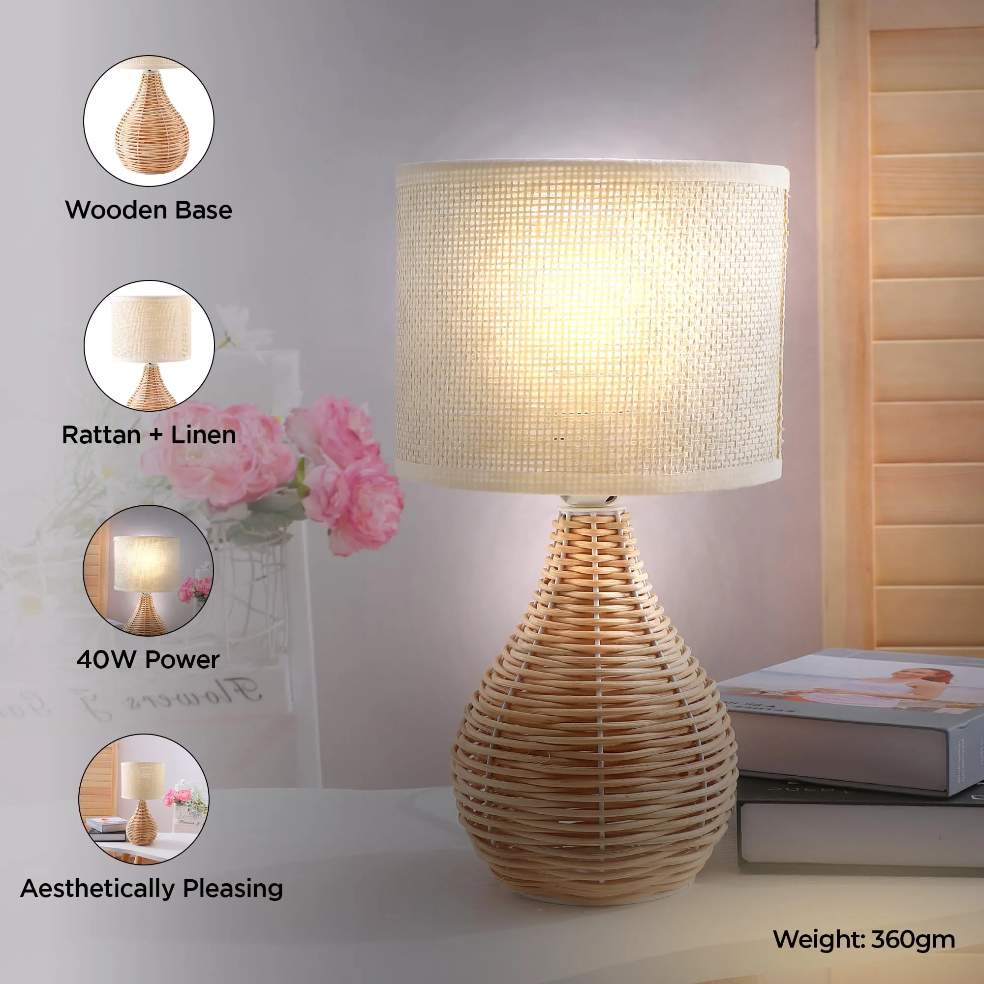 UMAI Table Lamp for Bedroom-31CM |Home Decor Light Made up of Rattan and Linen|Table Lamp for Study |Aesthetic Table Lamp for Living Room, Office Desk|Gift for House Warming Ceremony |Home Decor Items