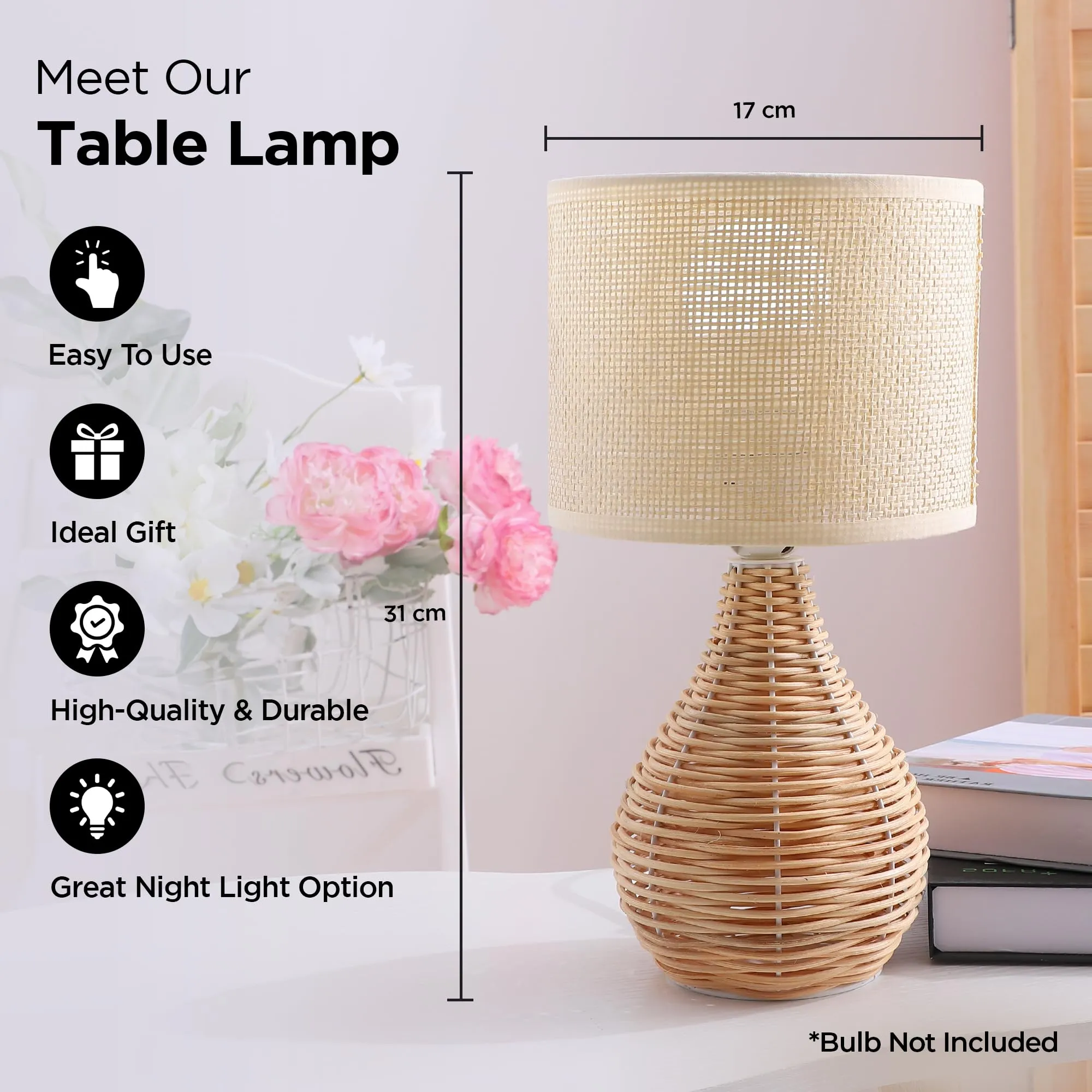 UMAI Table Lamp for Bedroom-31CM |Home Decor Light Made up of Rattan and Linen|Table Lamp for Study |Aesthetic Table Lamp for Living Room, Office Desk|Gift for House Warming Ceremony |Home Decor Items