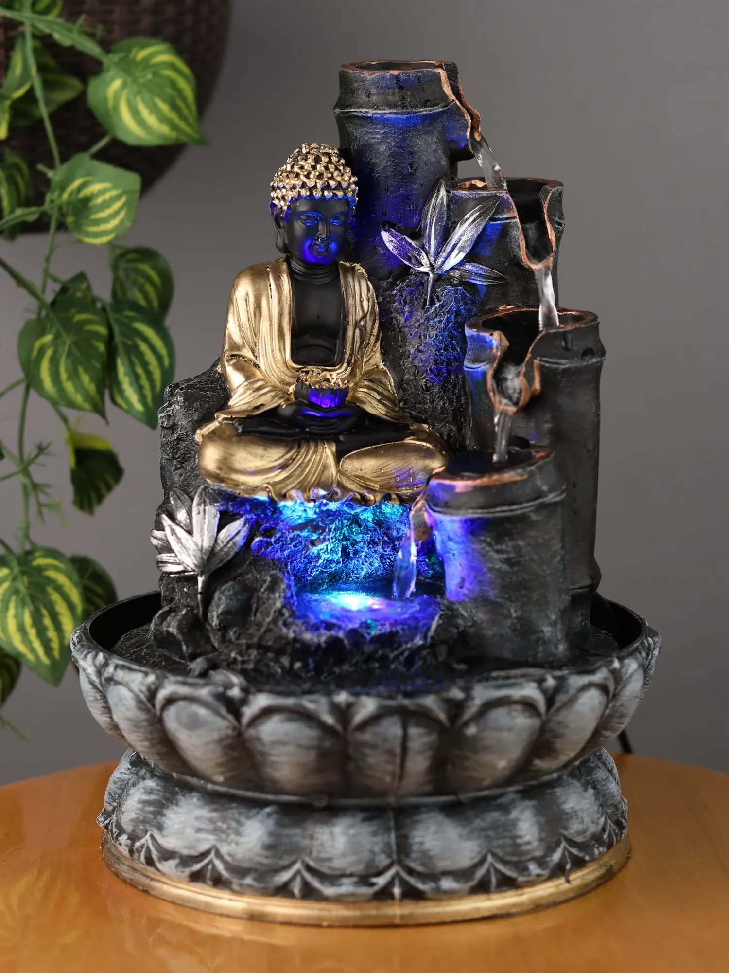 VIVARS Polyresin Table Top Indoor Outdoor Water Fountain with LED Lights for Home Decor Decoration Showpiece Gift Gifting Items Buddha Fountain