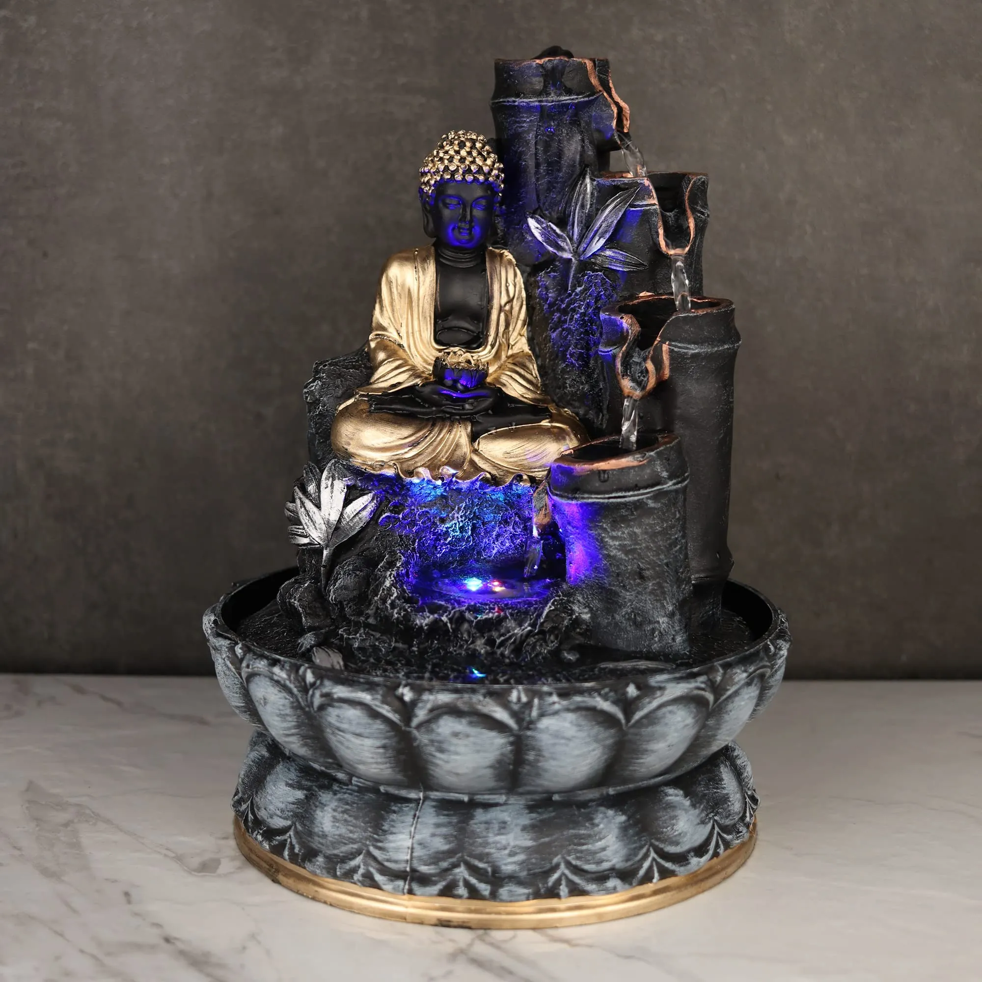 VIVARS Polyresin Table Top Indoor Outdoor Water Fountain with LED Lights for Home Decor Decoration Showpiece Gift Gifting Items Buddha Fountain