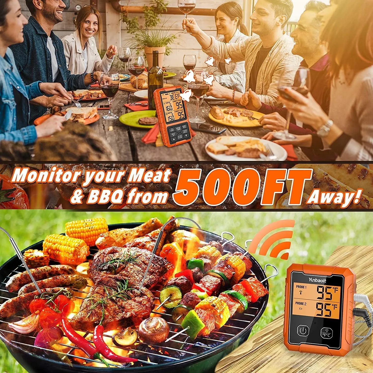 Yunbaoit Wireless Meat Thermometer, Yunbaoit Digital Remote Food Cooking Meat Thermometer for BBQ Grill Smoker Oven Kitchen,500 FT Range&Dual Probes